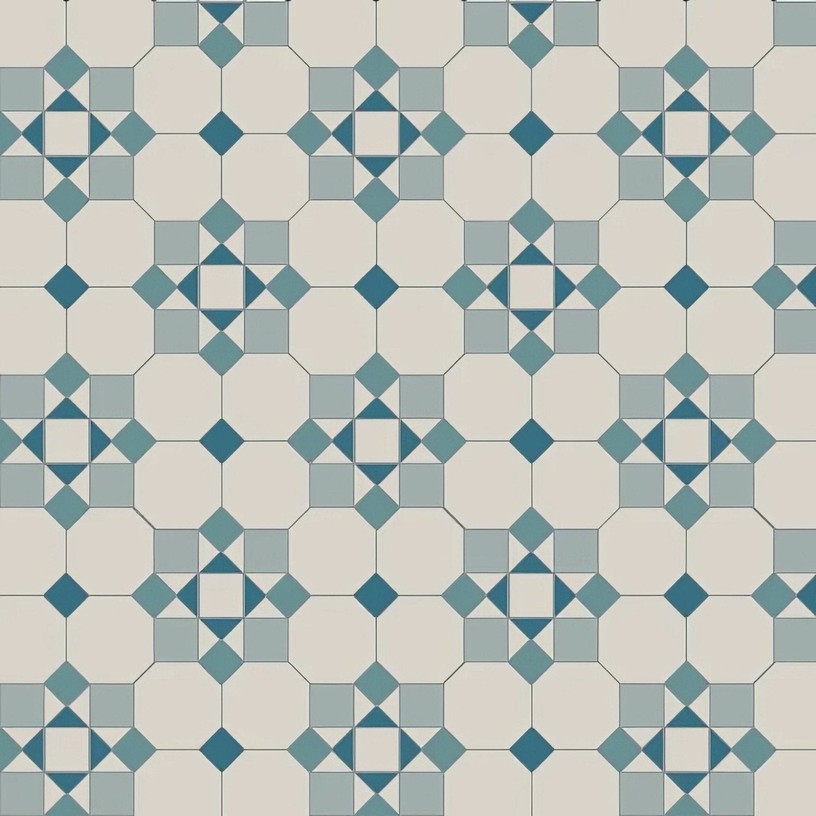 Geometric patterned floor tile tenby dover with repeating diamond and square motifs in white pugin blue grey and blue