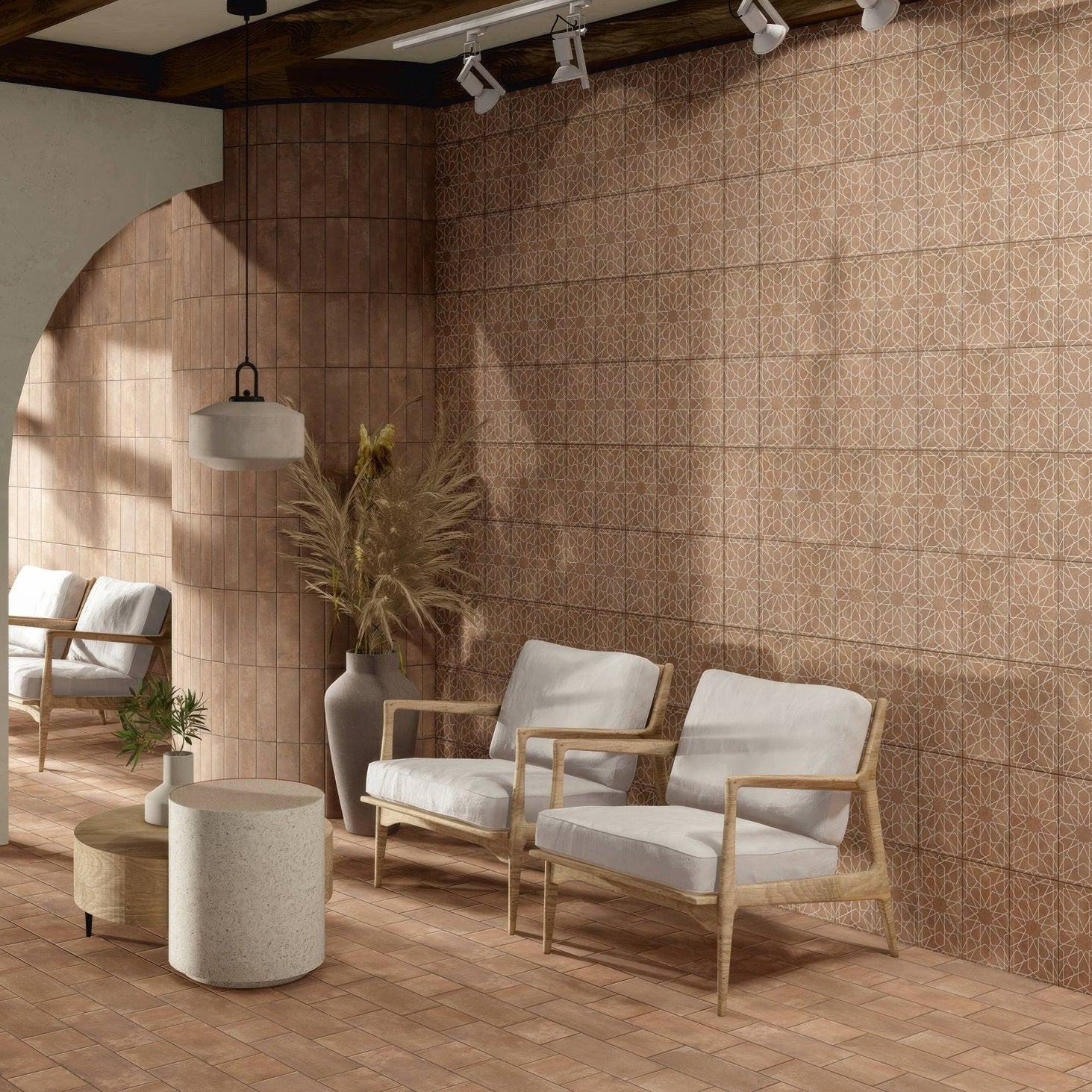 Tan geometric-patterned terracotta cotto porcelain wall tiles with a matte finish for stylish interior decor