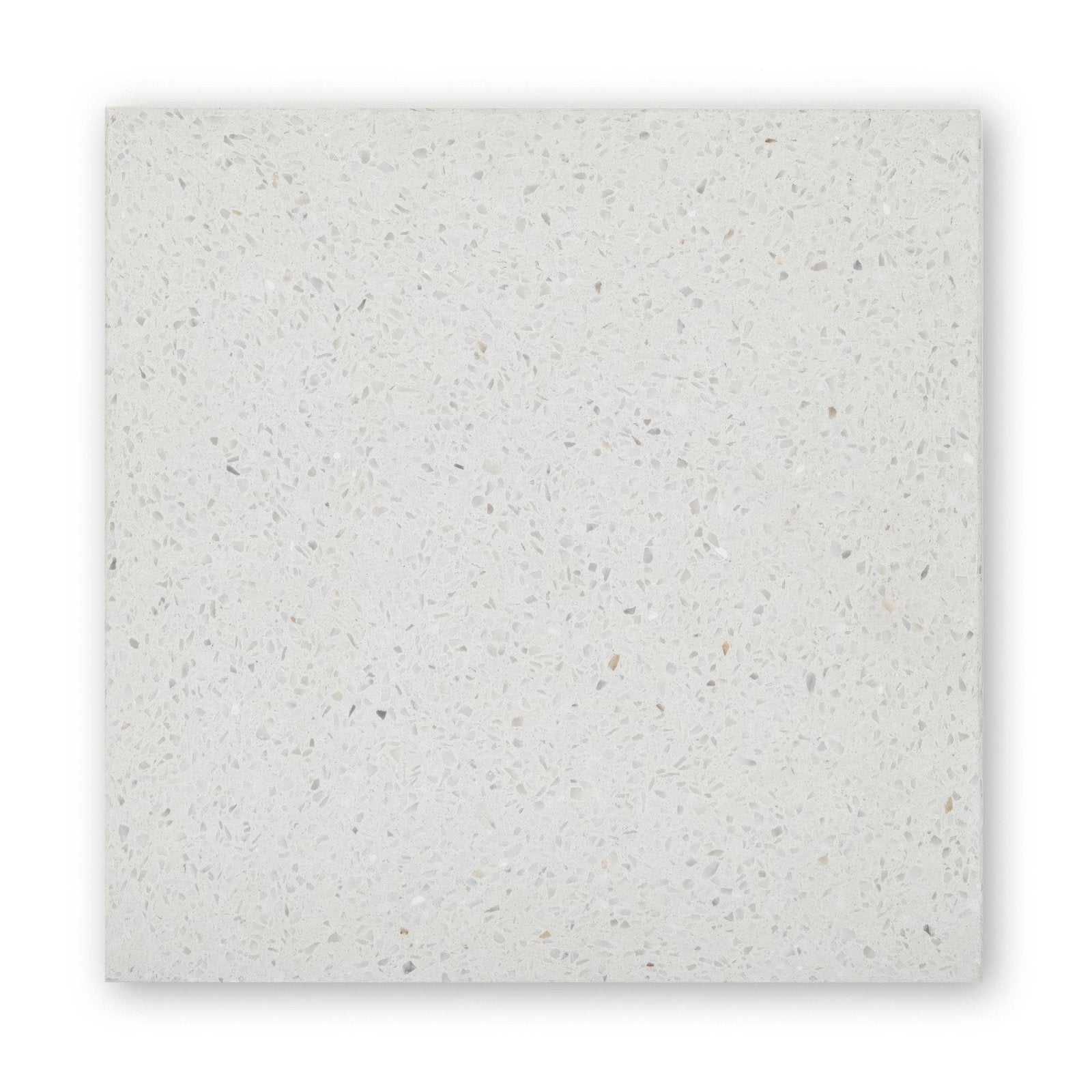 A square light gray quartz countertop tile with subtle speckled texture from terrazzo angelo base collection