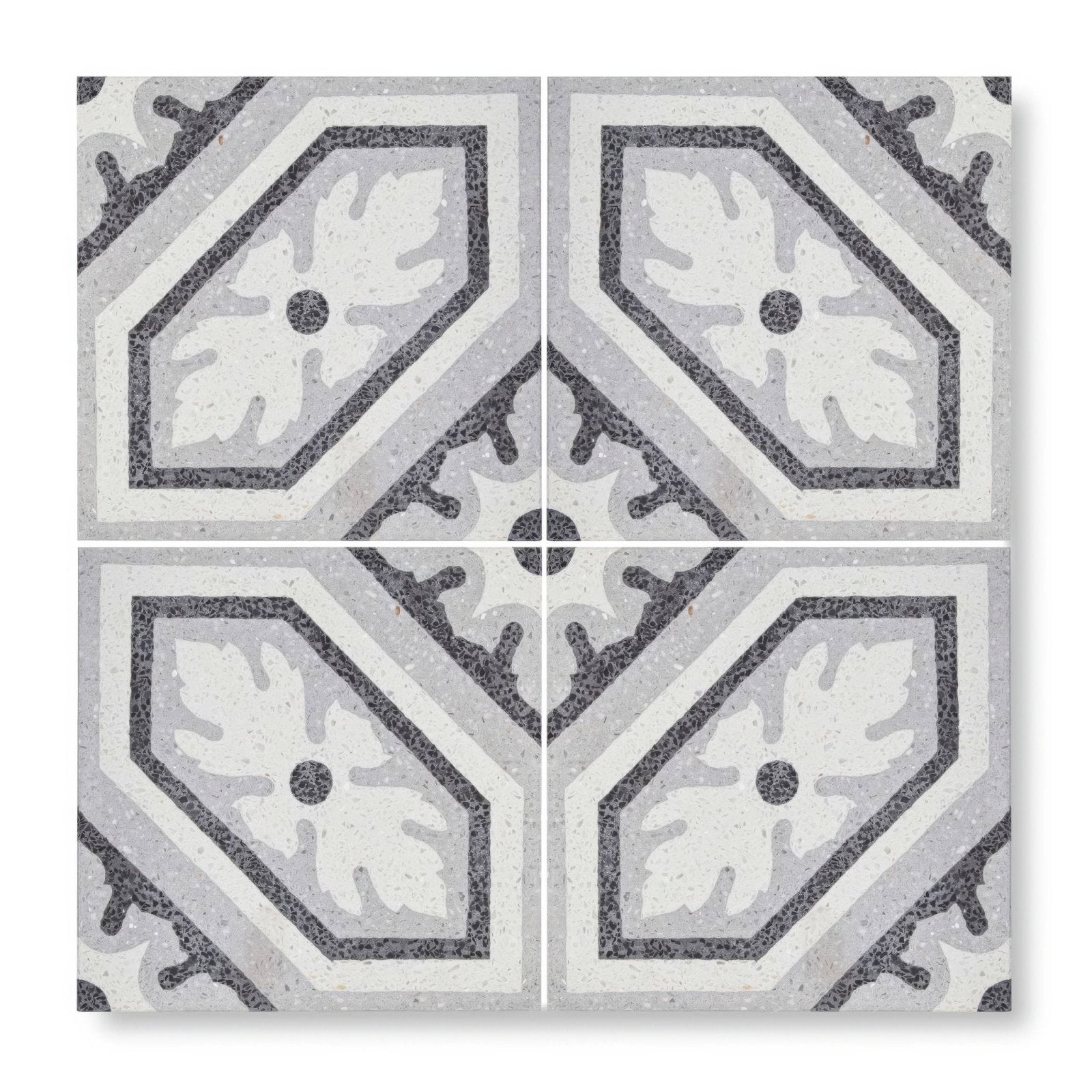 Terrazzo bertoli gray and white hexagonal ceramic floor tile with leaf motifs and patterned design