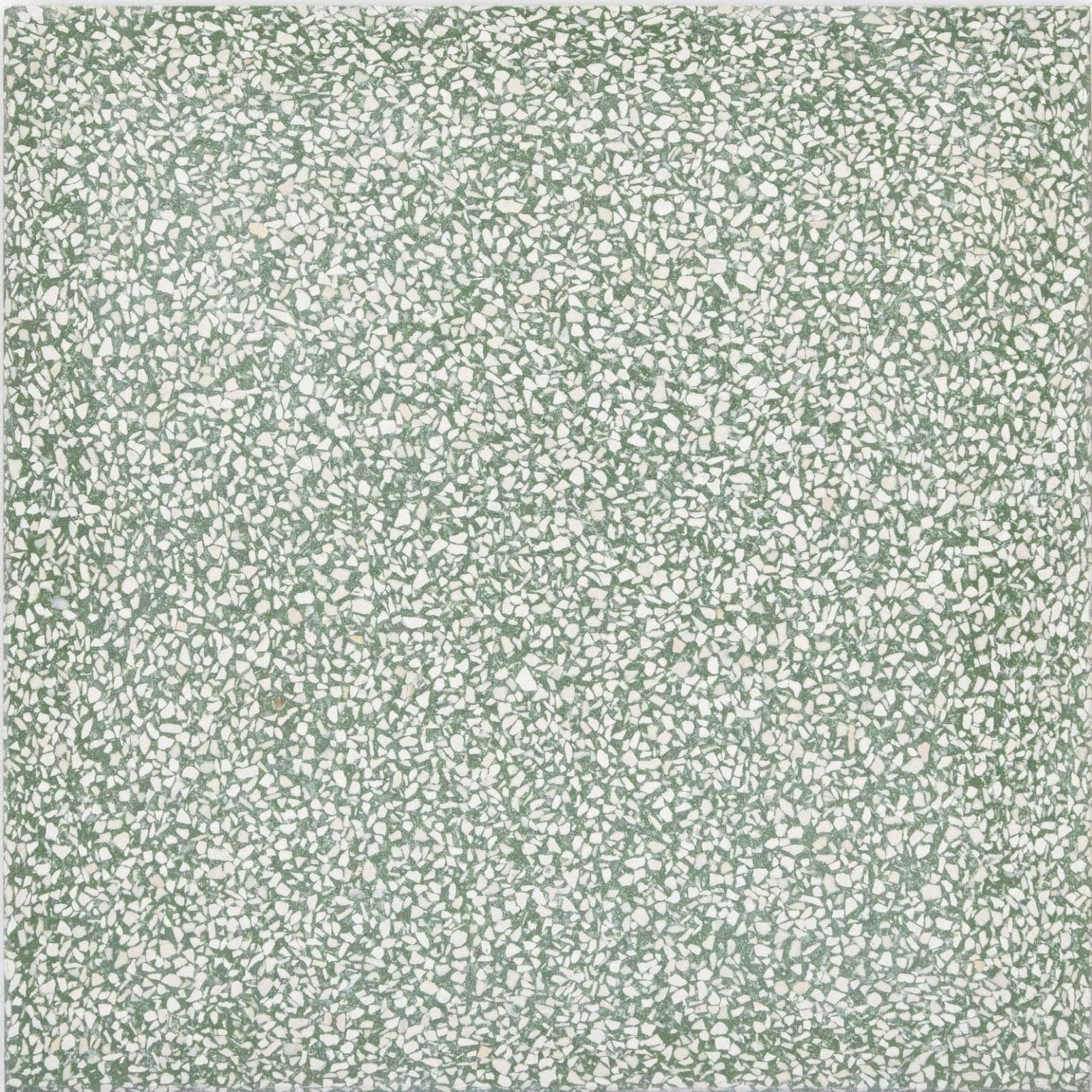 A square green and white terrazzo bosello base tile with a speckled textured surface for flooring and walls