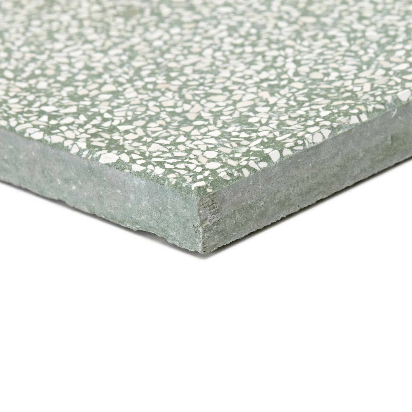 A square light green terrazzo bosello base tile with speckled white and gray aggregate surface