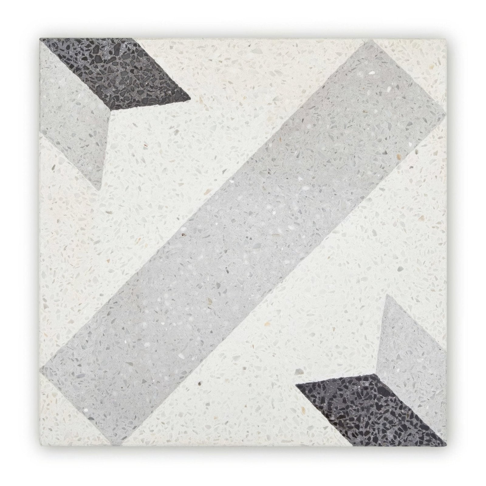 Terrazzo crovato geometric terrazzo tile with white base and gray black speckled angular stripes pattern