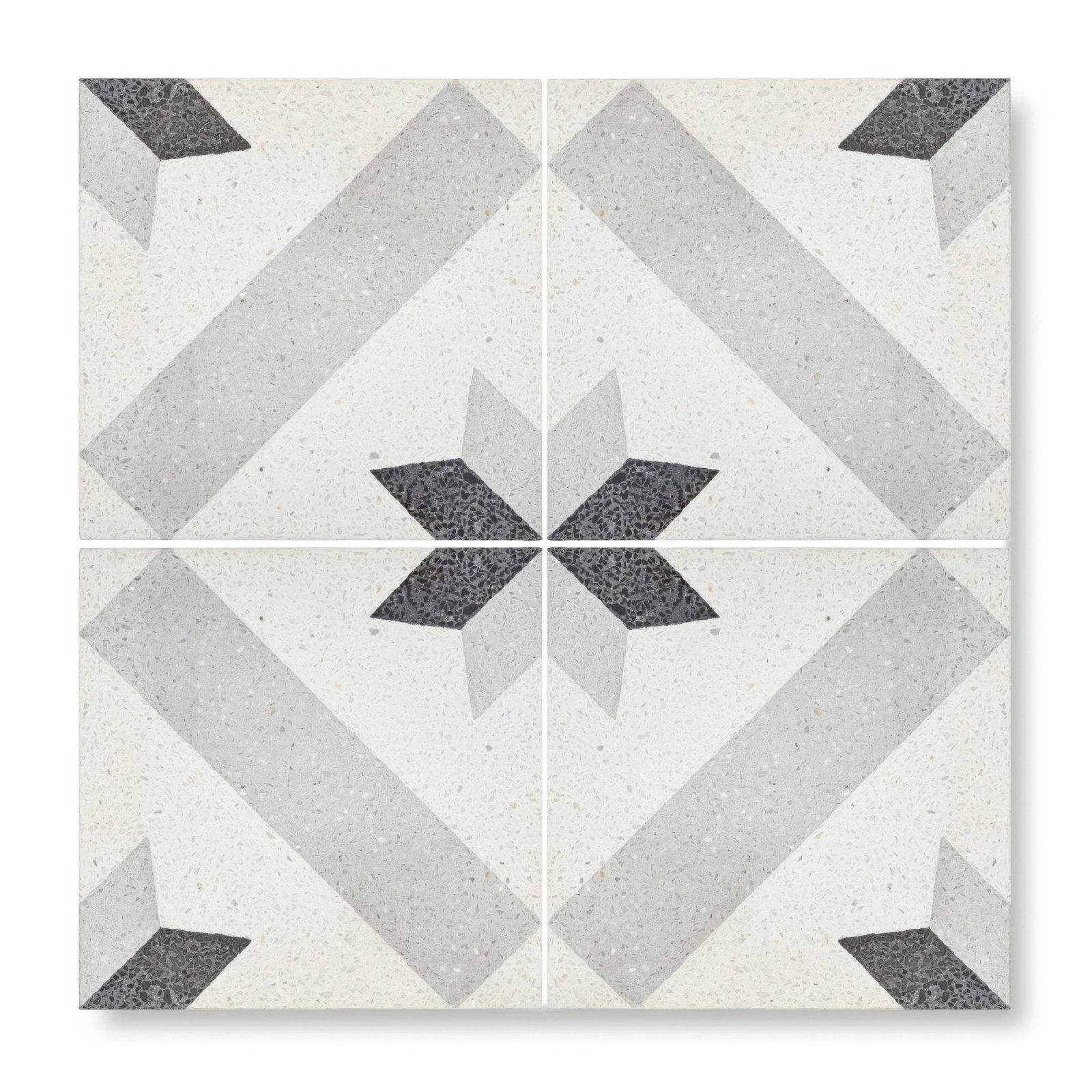 Terrazzo crovato tile with dark gray geometric star pattern on off-white speckled terrazzo background