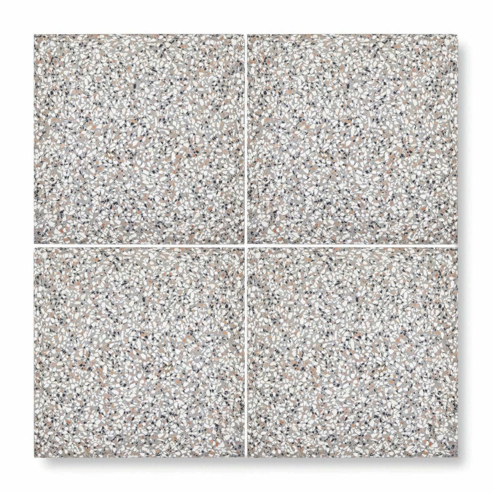 Four square terrazzo marini base tiles with speckled gray white and black mosaic pattern for flooring and decor