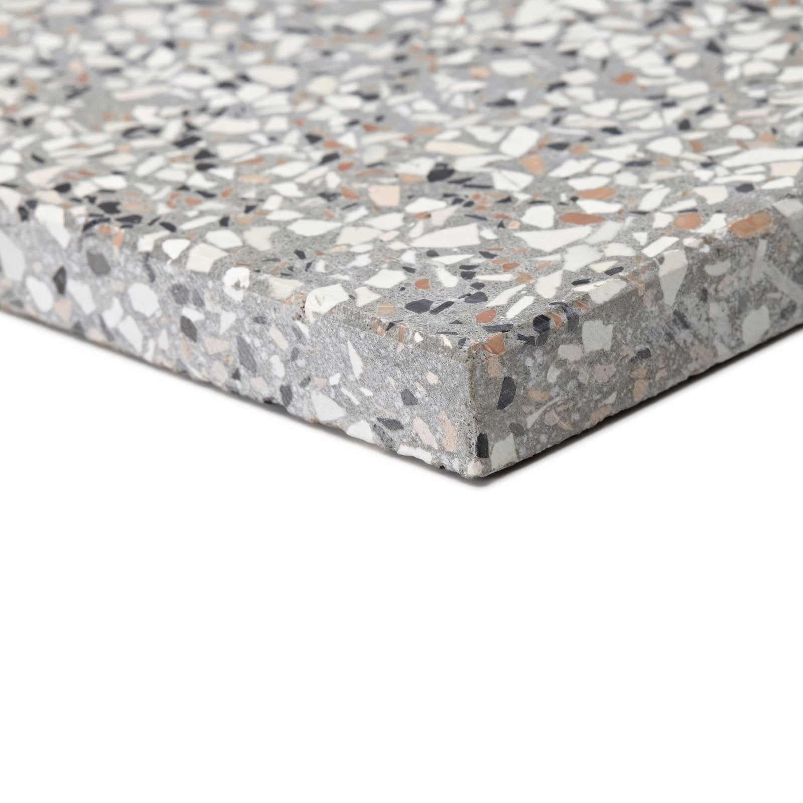 Gray terrazzo tile terrazzo marini base with speckled white black and beige fragments embedded in surface