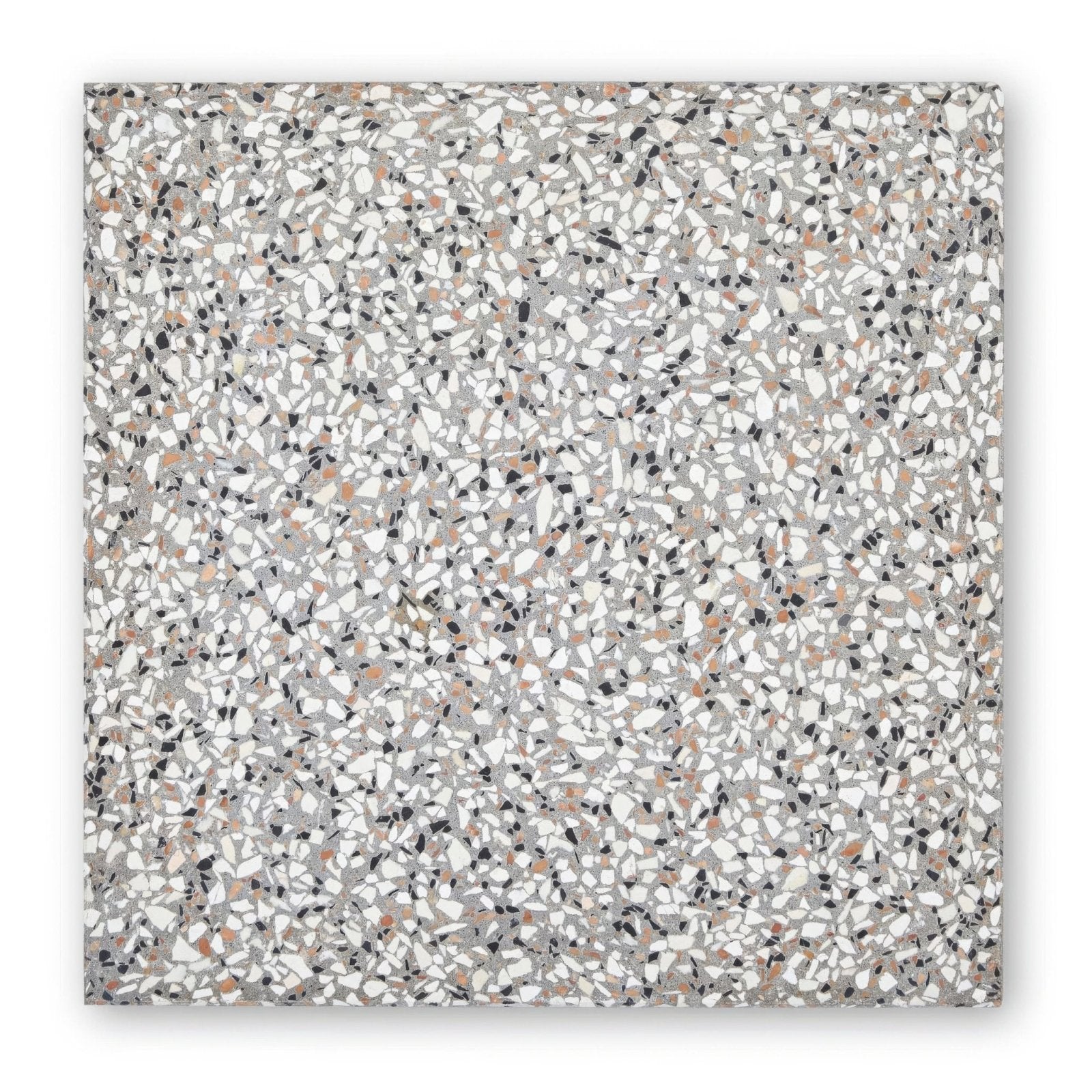Square terrazzo tile terrazzo marini base with speckled white gray black and muted pink fragments pattern