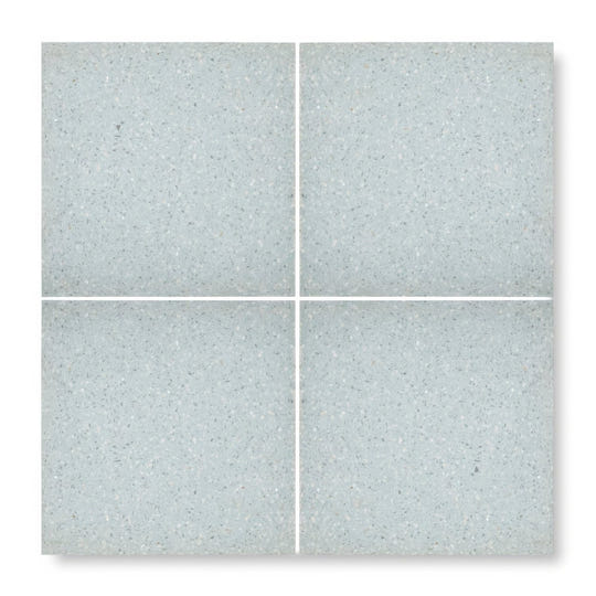 Set of four light gray speckled terrazzo vianelo base square tiles made of durable terrazzo material