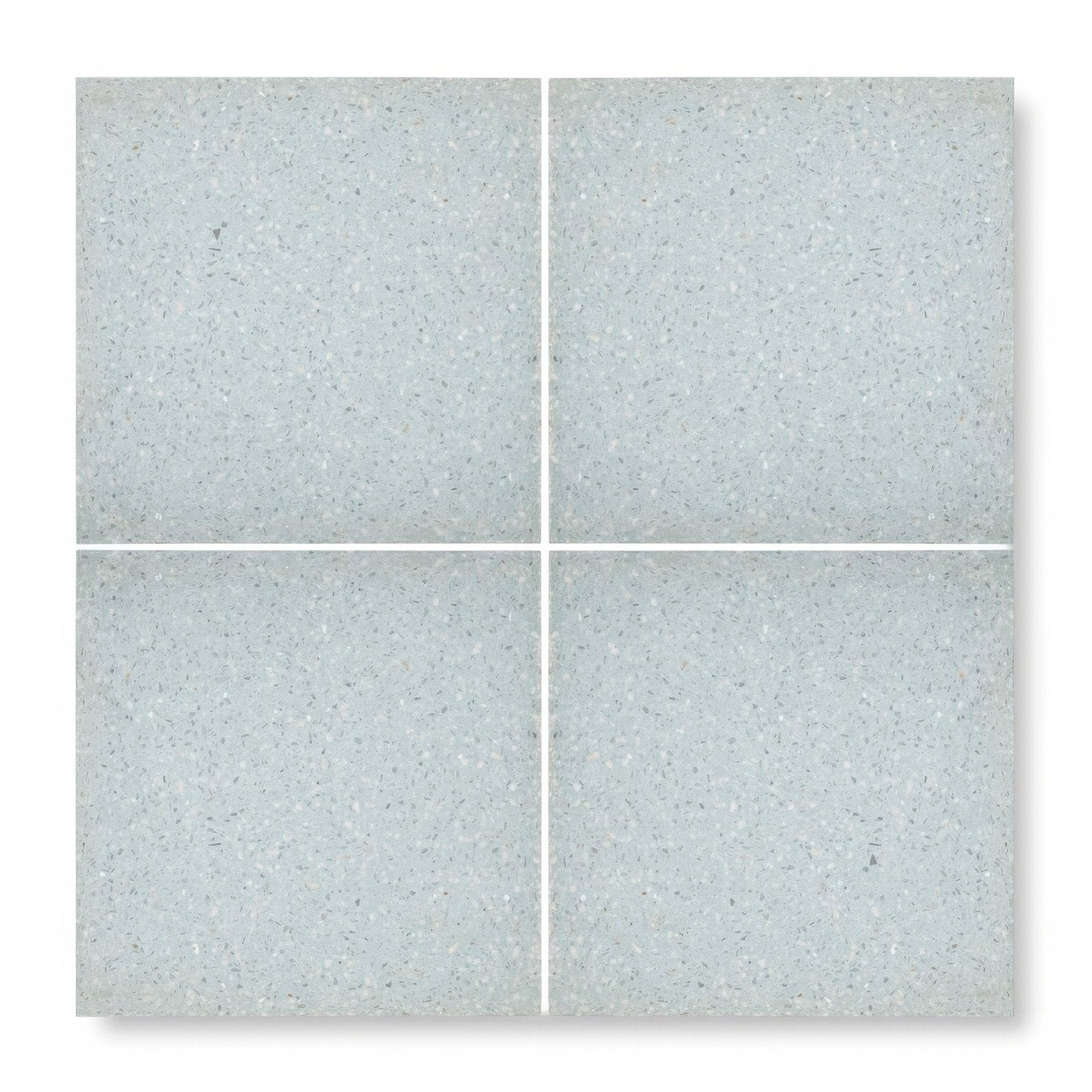 Set of four light gray speckled terrazzo vianelo base square tiles made of durable terrazzo material