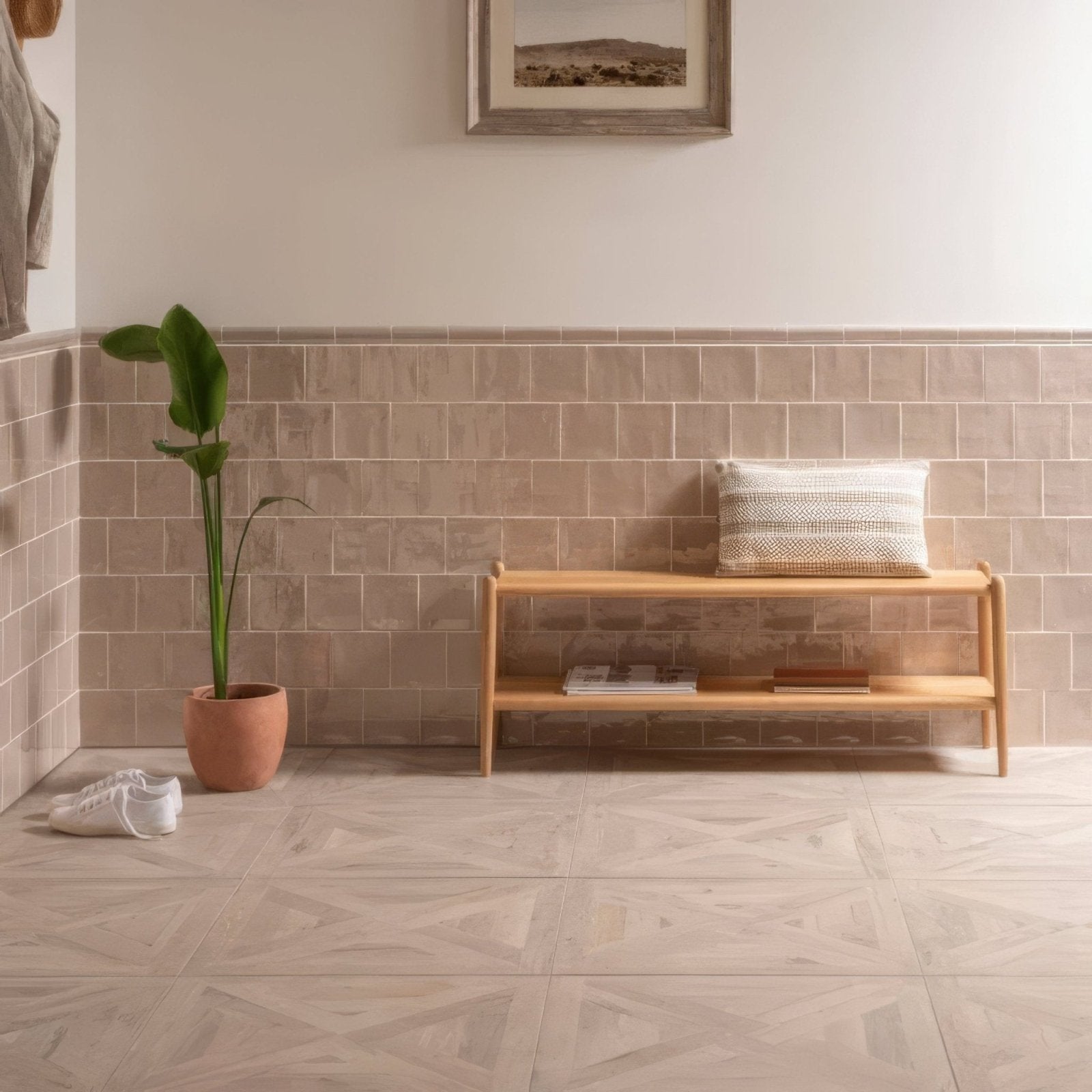 A minimalist wooden bench with light natural finish two shelves and woven-patterned cushion in Thatch Torus Moulding style