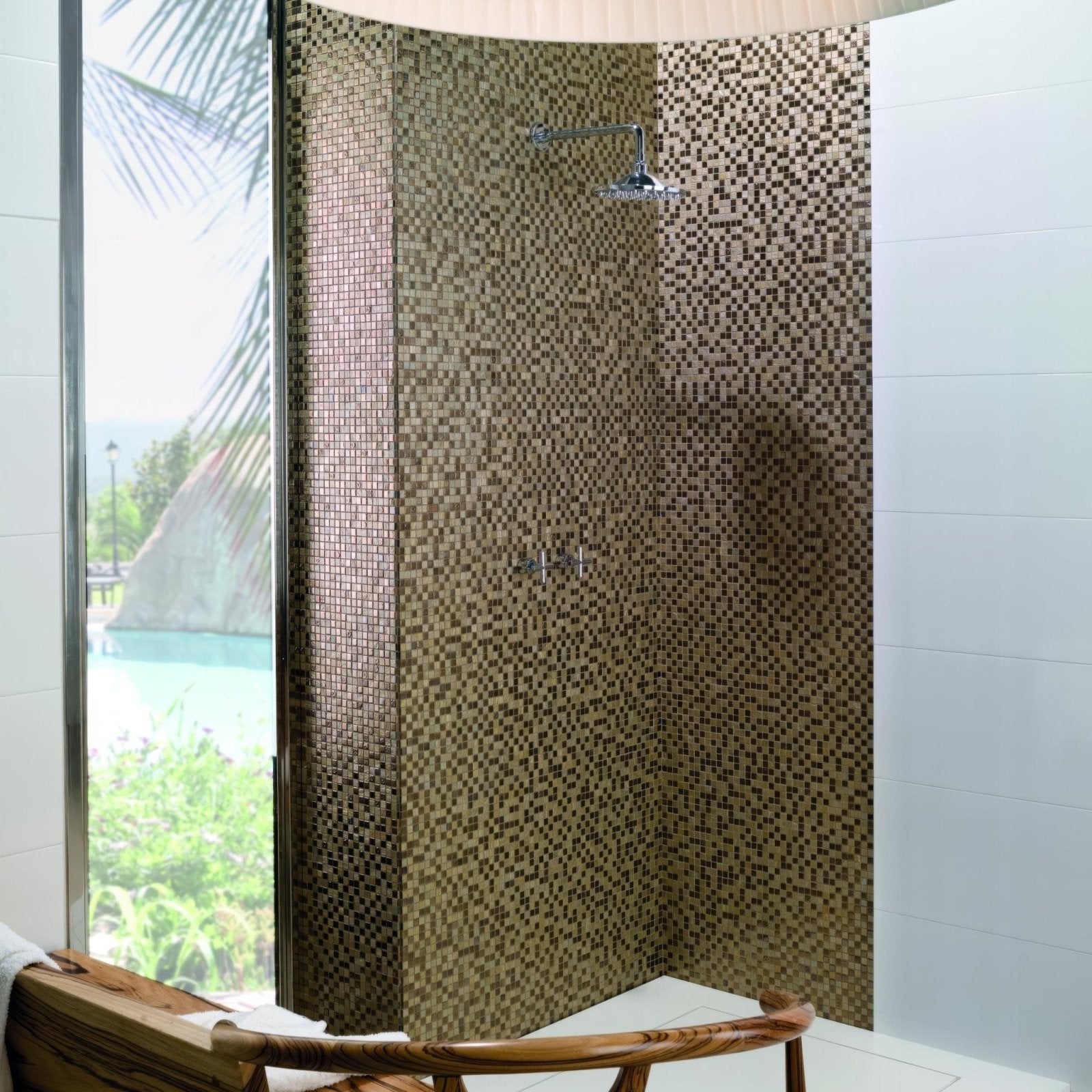 Thea 30 x 30cm green and bronze mosaic with a chrome showerhead