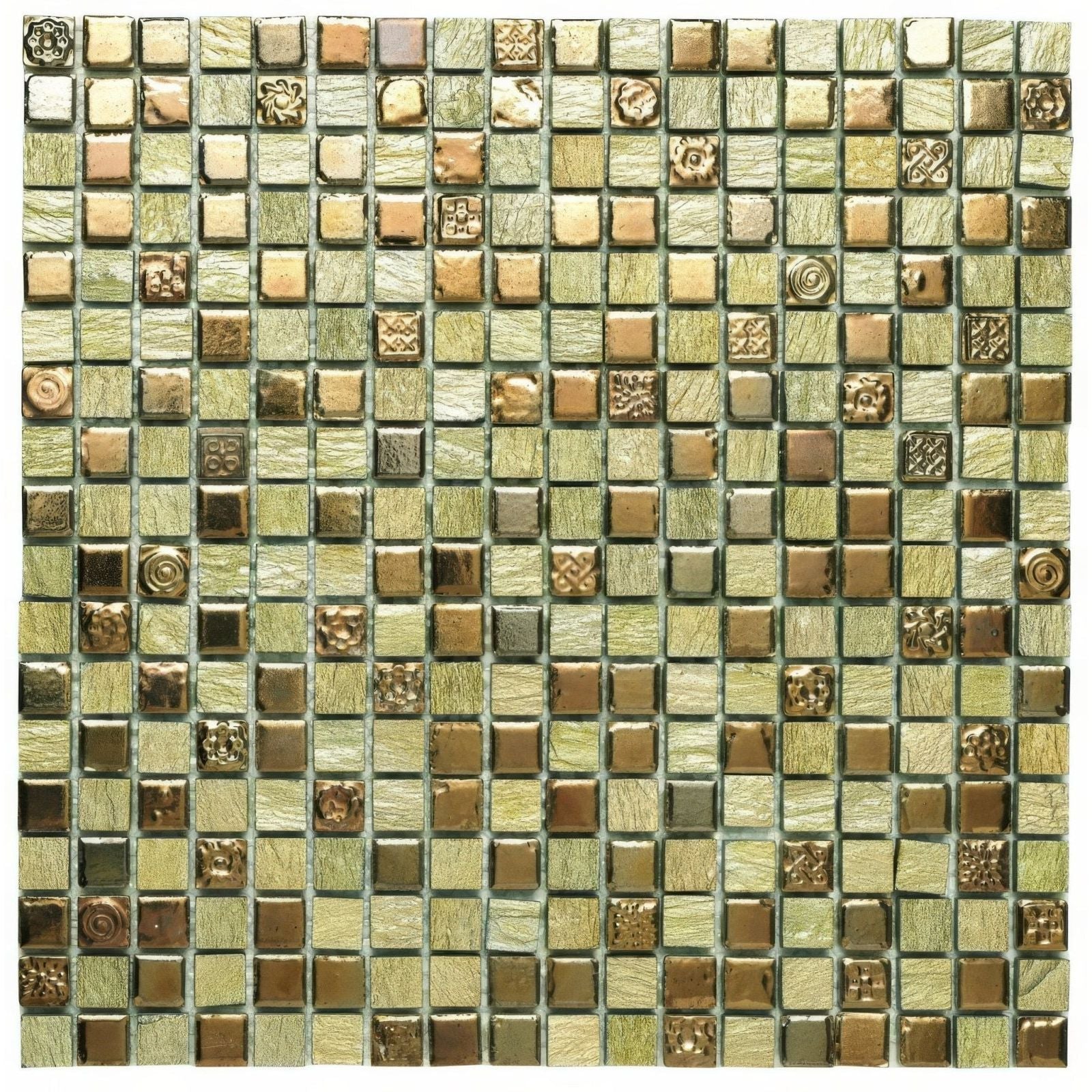 Thea 30 x 30cm mosaic tile panel with embossed green and bronze square tiles in varying shades and patterns