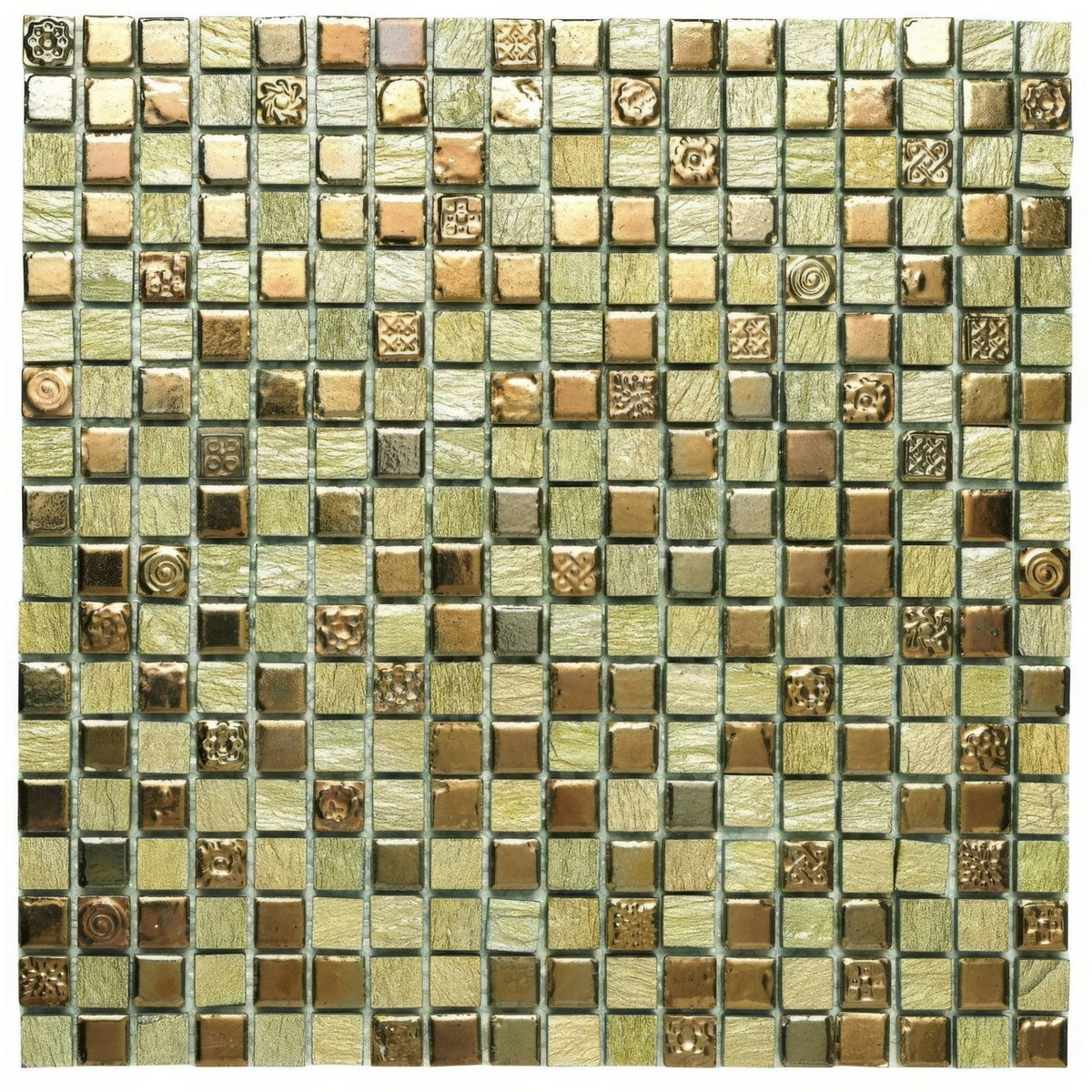 Thea 30 x 30cm mosaic tile panel with embossed green and bronze square tiles in varying shades and patterns