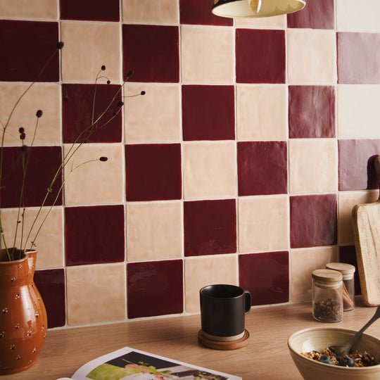 Thebes Field Tile terracotta and cream checkered ceramic kitchen backsplash tiles with a matte finish