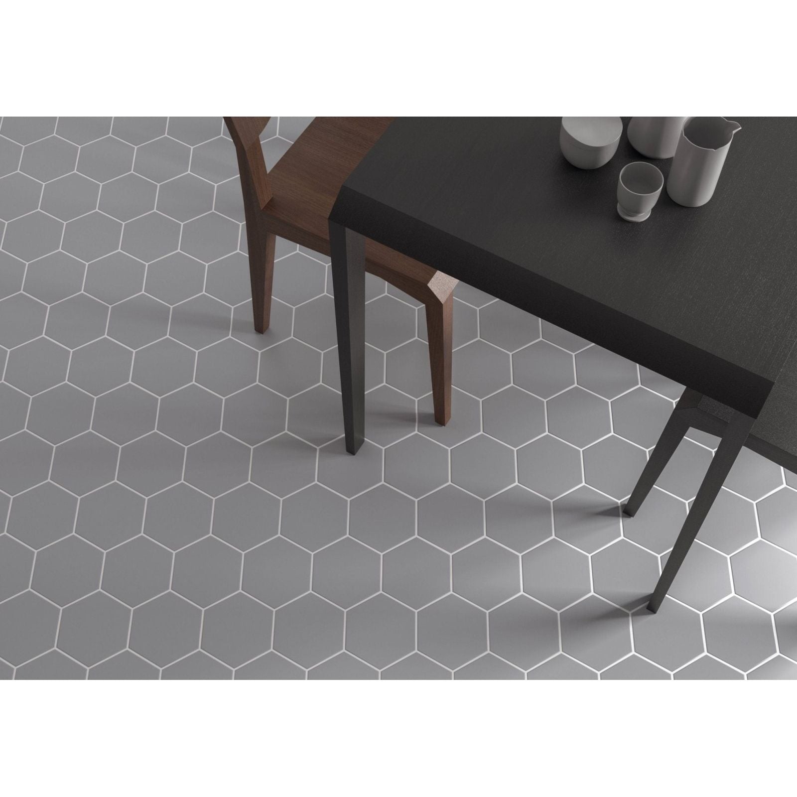 Gray hexagon matt floor tiles with white grout lines for a timeless and stylish flooring solution