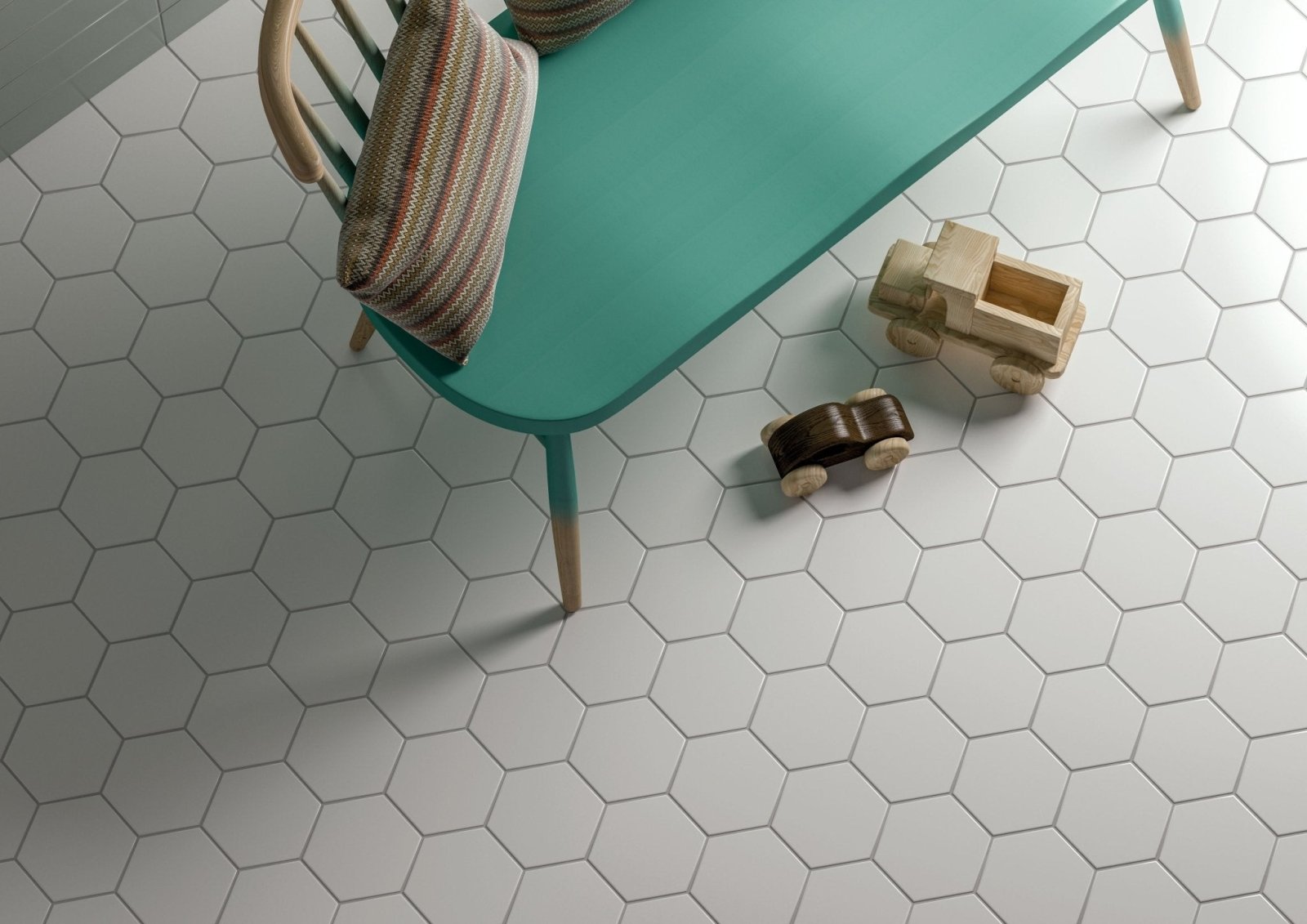Teal-colored wooden chair with striped woven cushion featuring timeless hexagon white matt finish