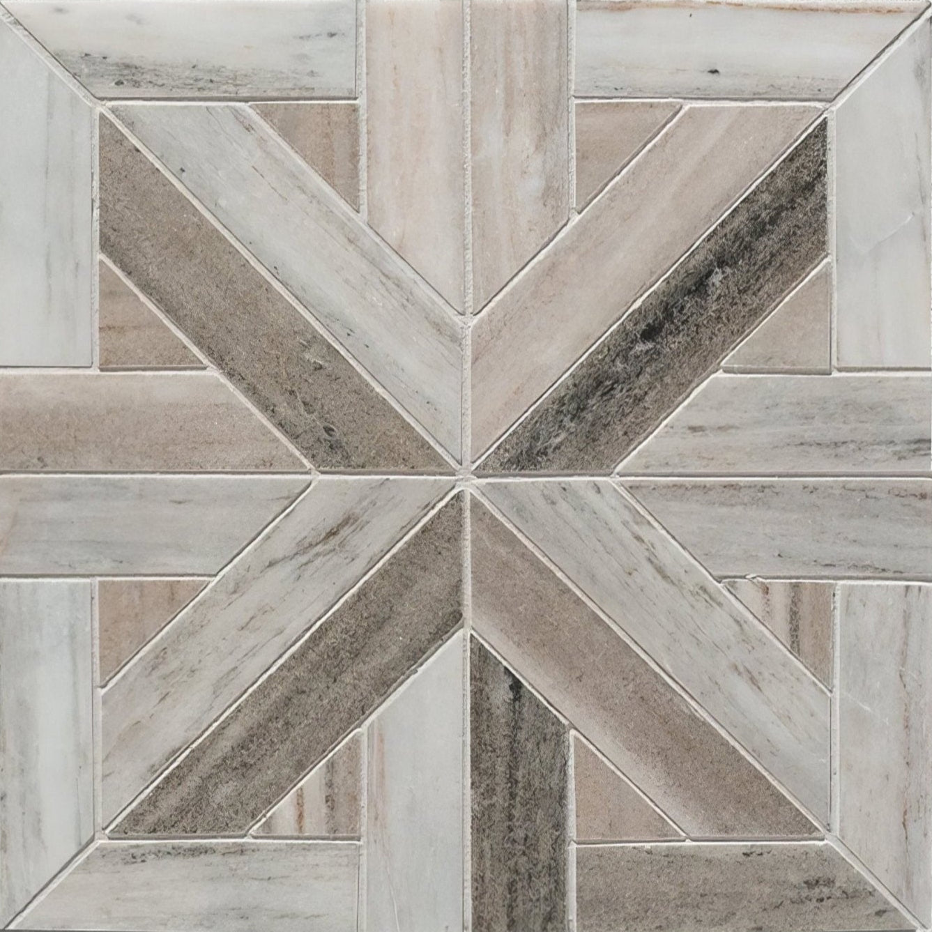 Gray and white marble mosaic tile with geometric star pattern from tokyo lattice marble mosaic collection