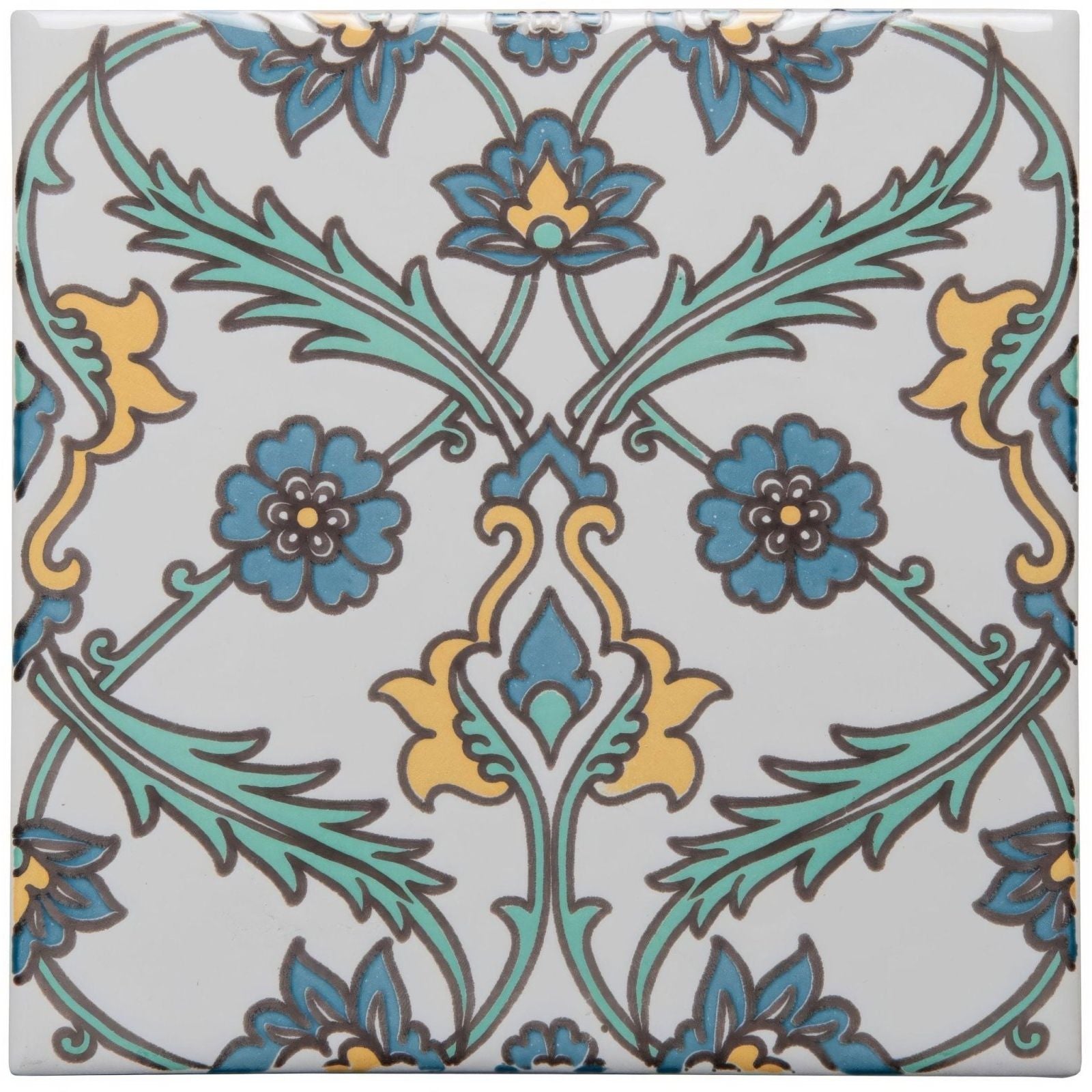 A square ceramic tile featuring an intricate floral pattern in blue teal and yellow on a light gray background from topkapi yellow on helmingham
