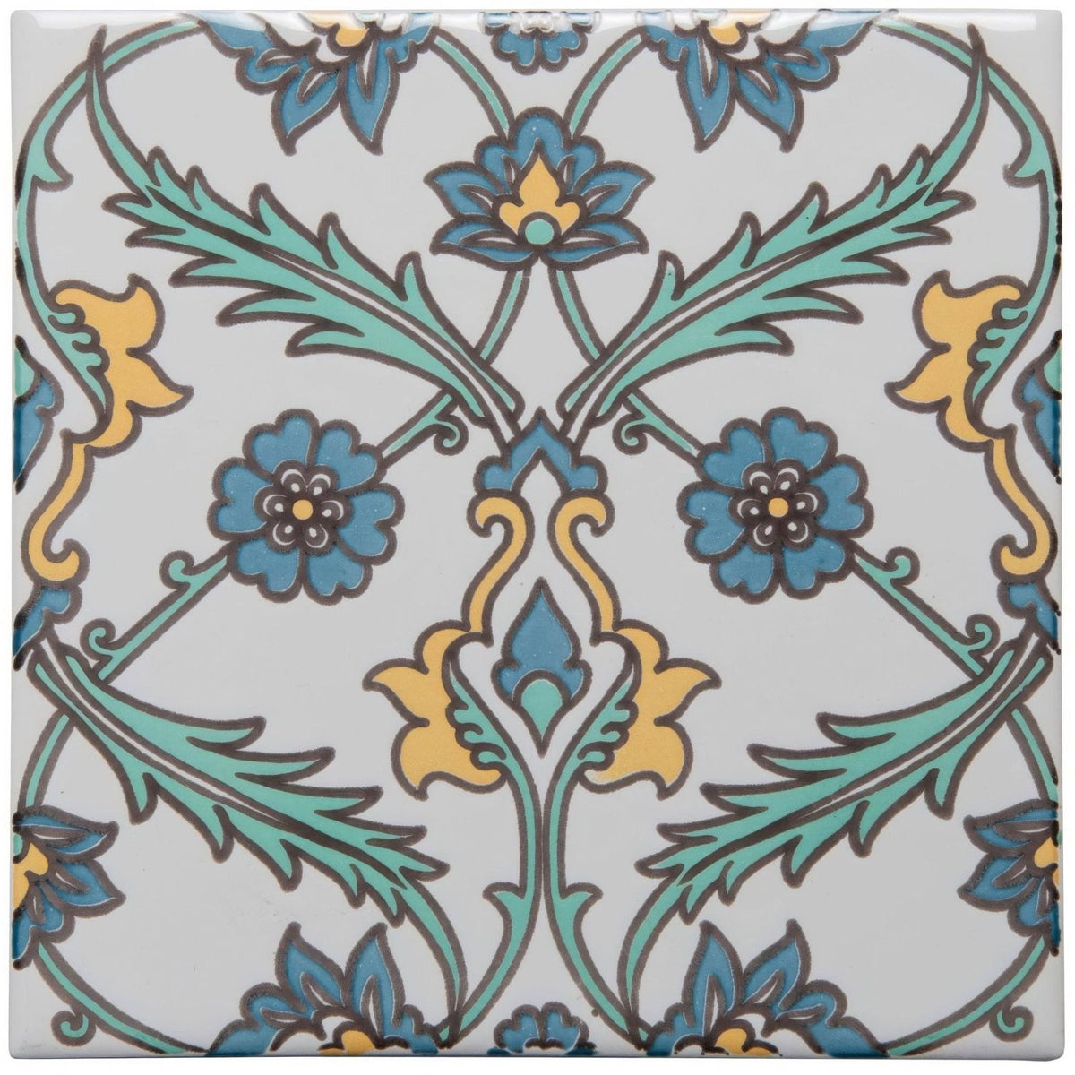 A square ceramic tile featuring an intricate floral pattern in blue teal and yellow on a light gray background from topkapi yellow on helmingham