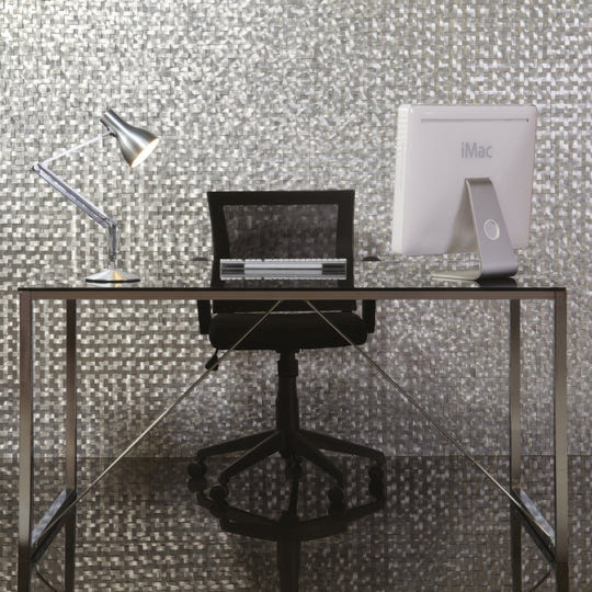 Torque Aluminium Mosaic silver woven aluminium mosaic with a silver desk lamp