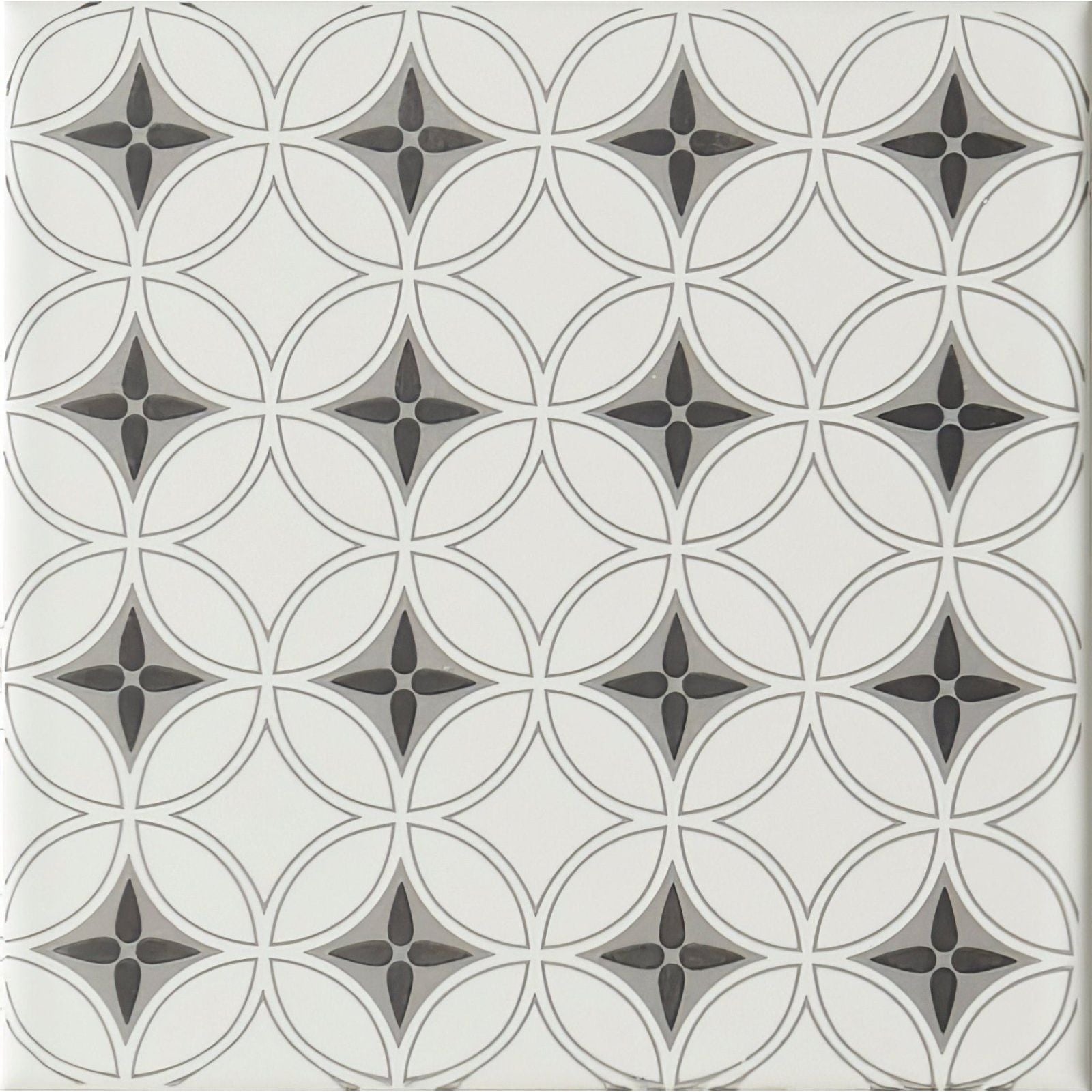 White and gray mosaic tile toulon grey on brilliant white with interlocking circle pattern forming diamond shapes