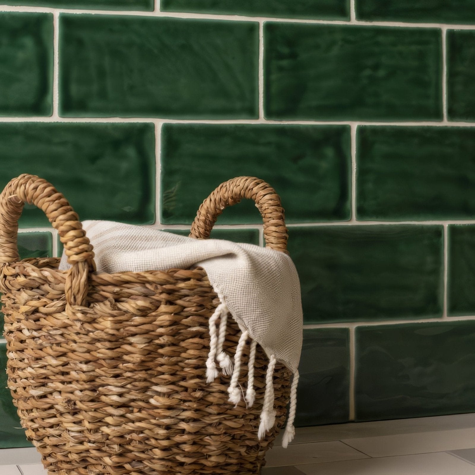 Woven wicker basket with twisted handles and cream towel, styled next to tourmaline brick tile wall