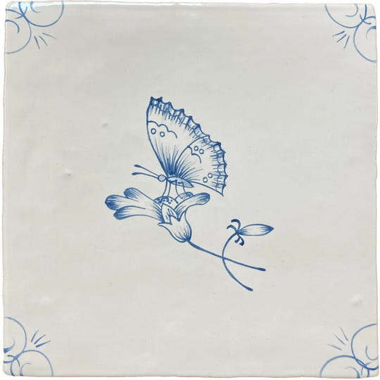 Traditional english delft butterfly 2 square white ceramic tile with blue hand-painted butterfly and floral motifs