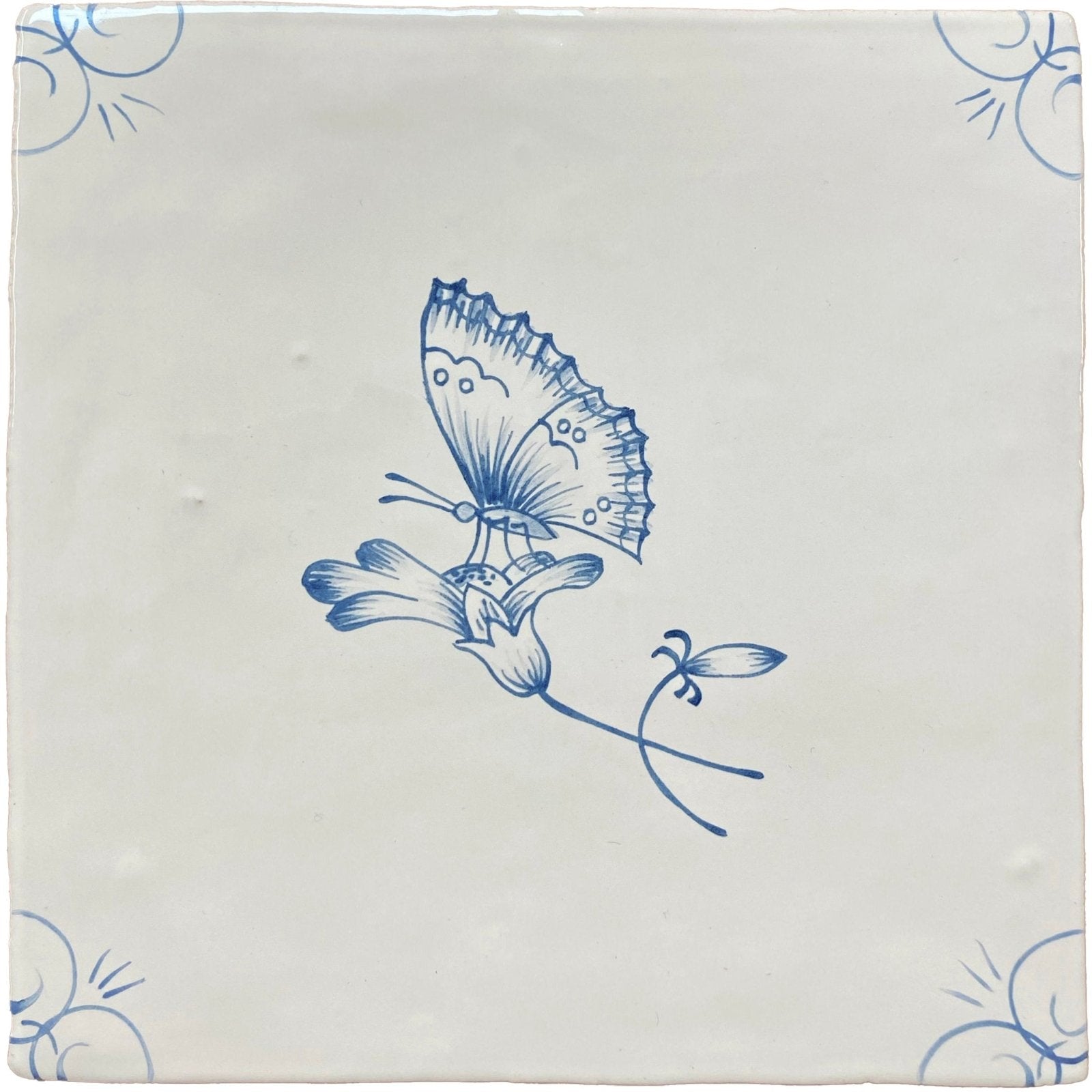 Traditional english delft butterfly 2 square white ceramic tile with blue hand-painted butterfly and floral motifs