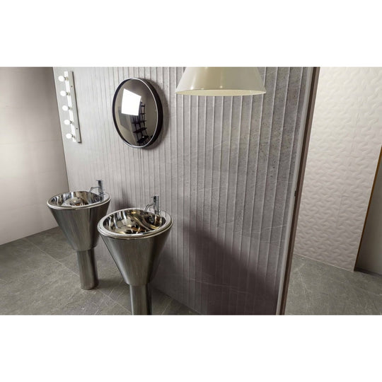Trevi 1817 Grey Matt grey stone-effect tiles with two pedestal sinks