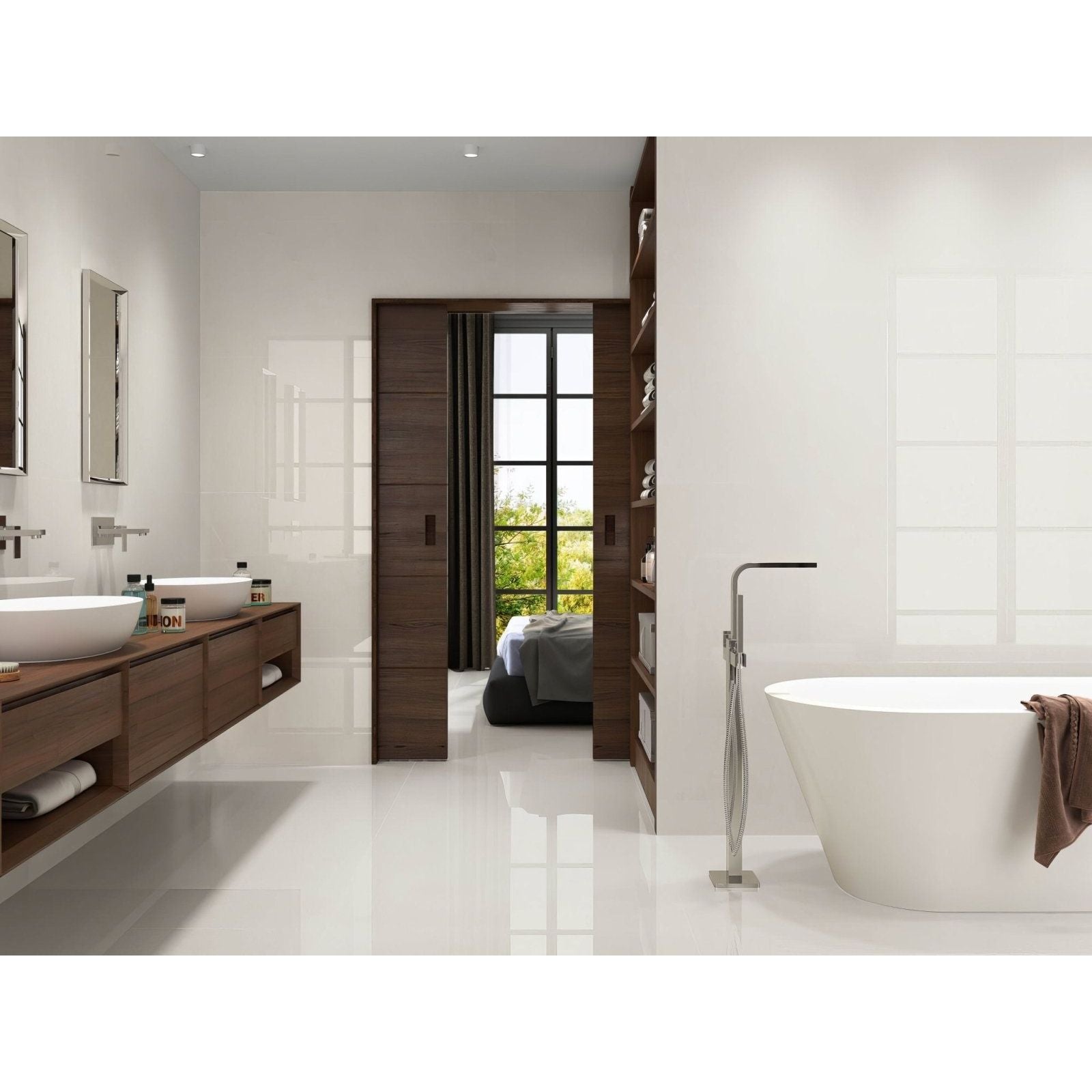 Trevi 1822 White Polished cream marble-effect tiles with a freestanding bathtub