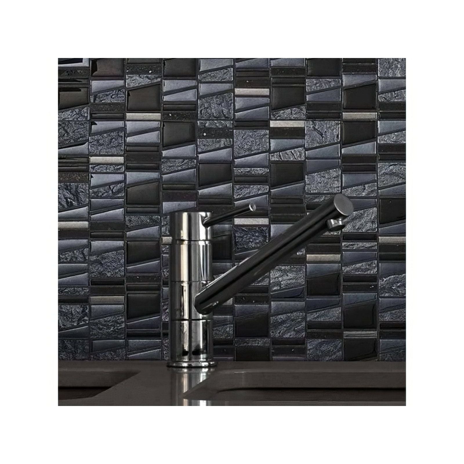 Trip Asi Negro Mosaic black mosaic backsplash with a black and chrome kitchen tap