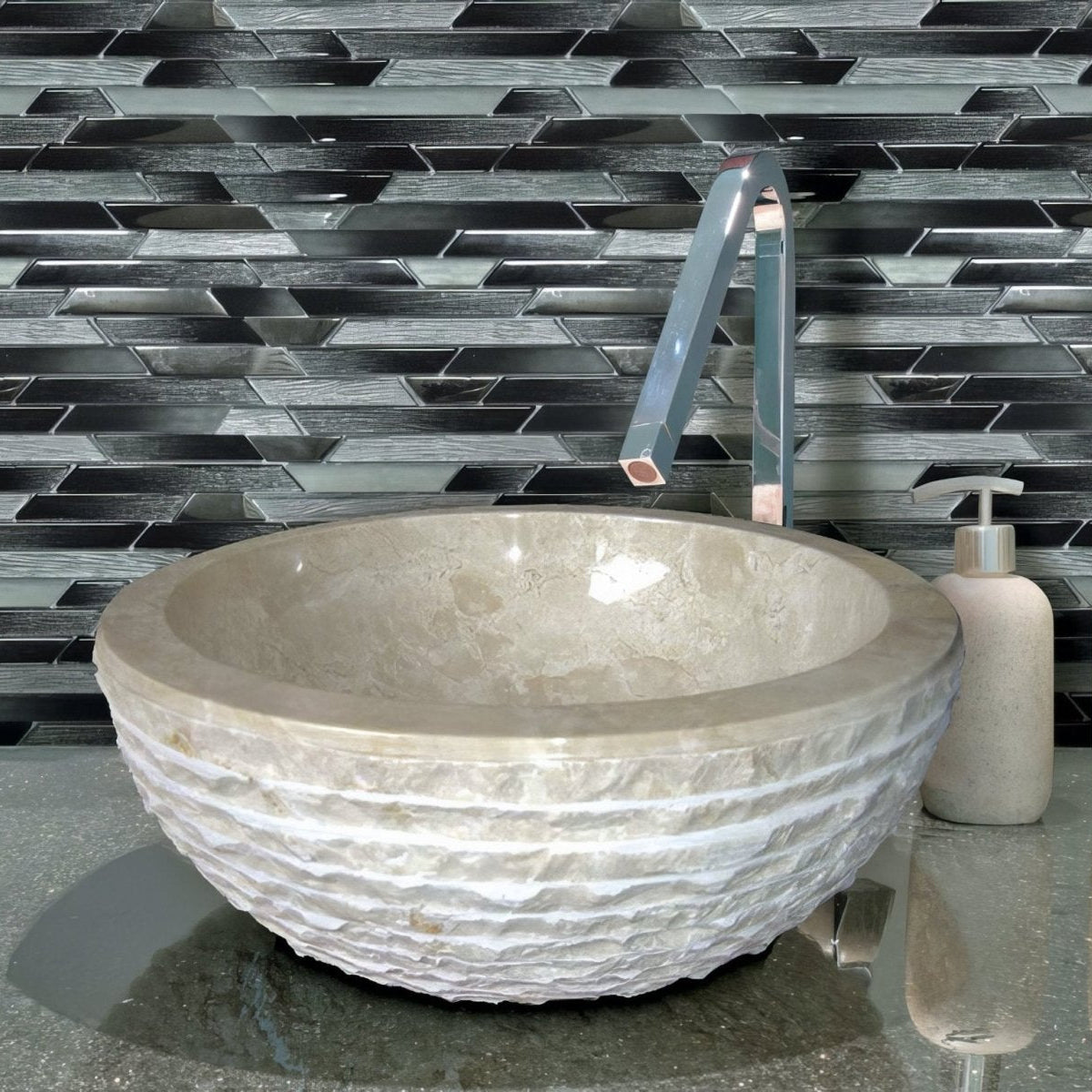 Trip belart gris mosaic round stone vessel sink with textured natural beige and gray marbled finish