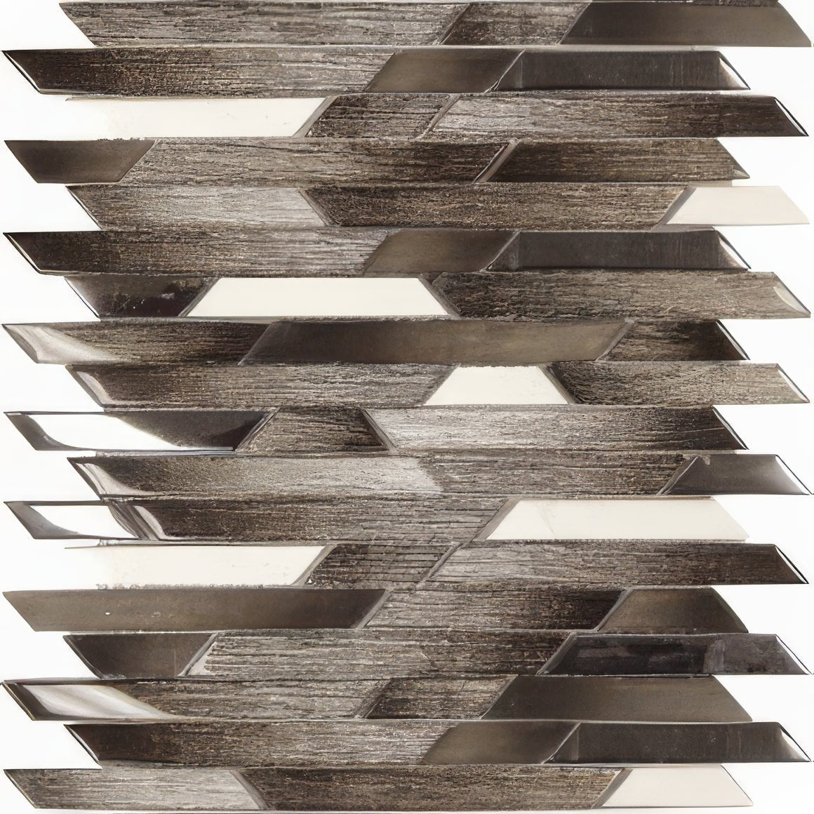 Modern mosaic tile panel trip belart marron featuring interlocking dark gray and reflective silver metallic woodgrain strips