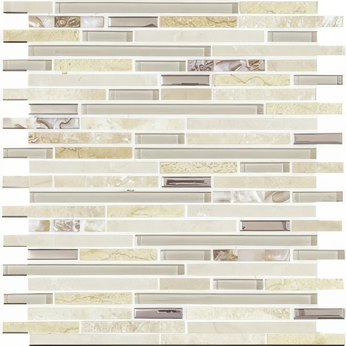 Beige and silver-toned glass mosaic tile with modern linear design from trip lluvia beige mosaic collection