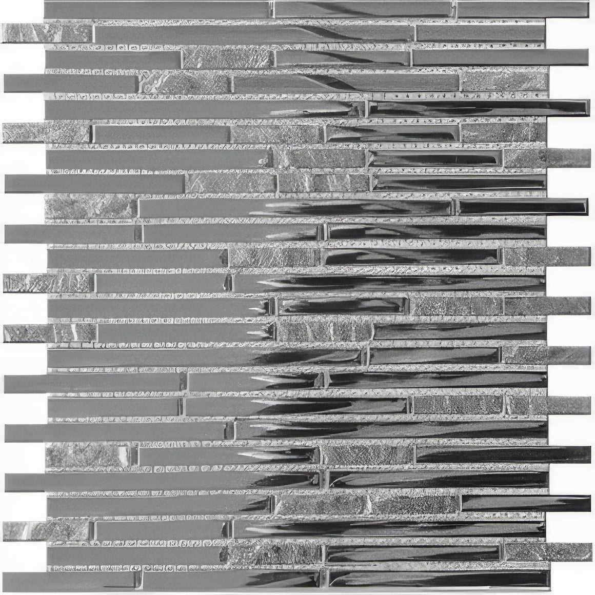 Silver-toned glass mosaic tile trip lluvia inox mosaic with textured brushed metal finish in varying horizontal widths