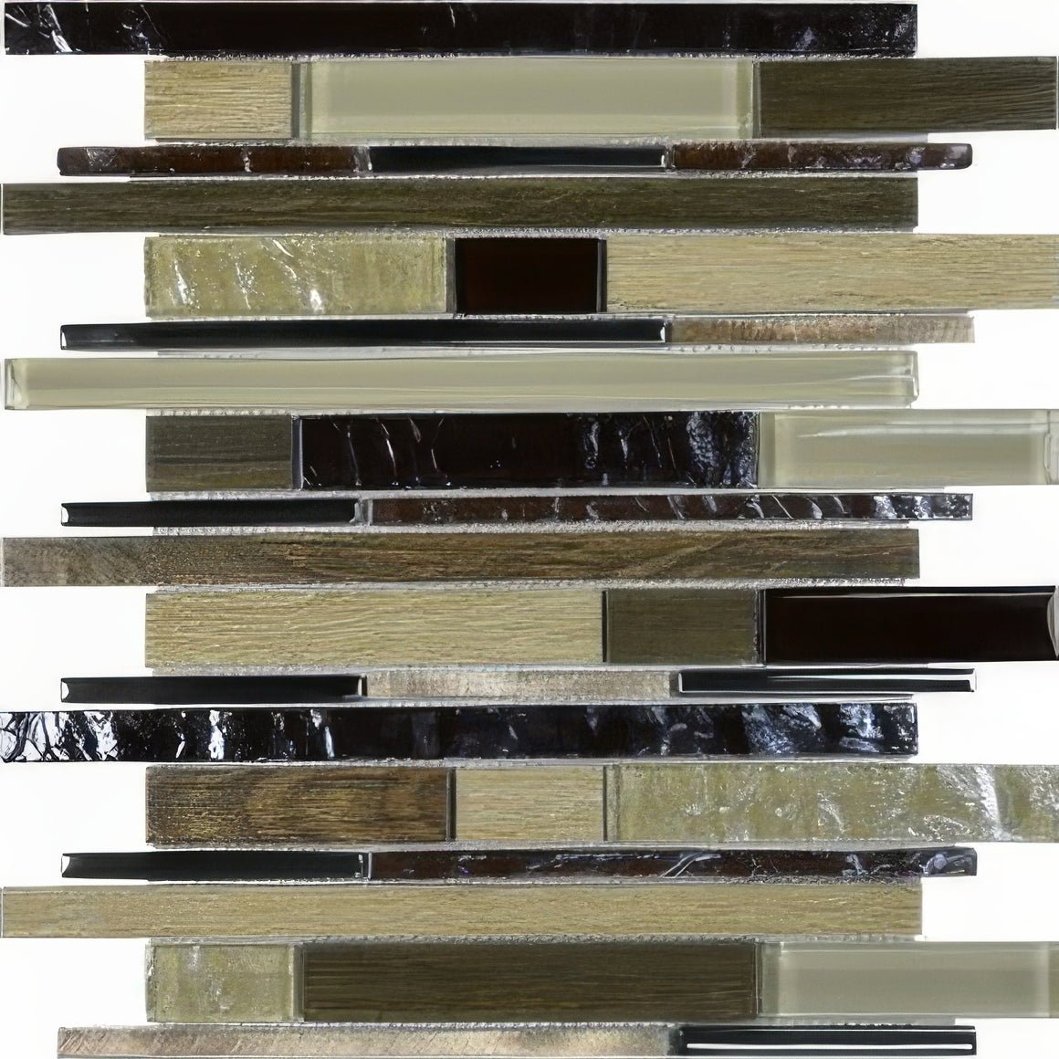 Modern trip timber beige mosaic tile panel with horizontal textured glass strips in olive green dark brown and black tones