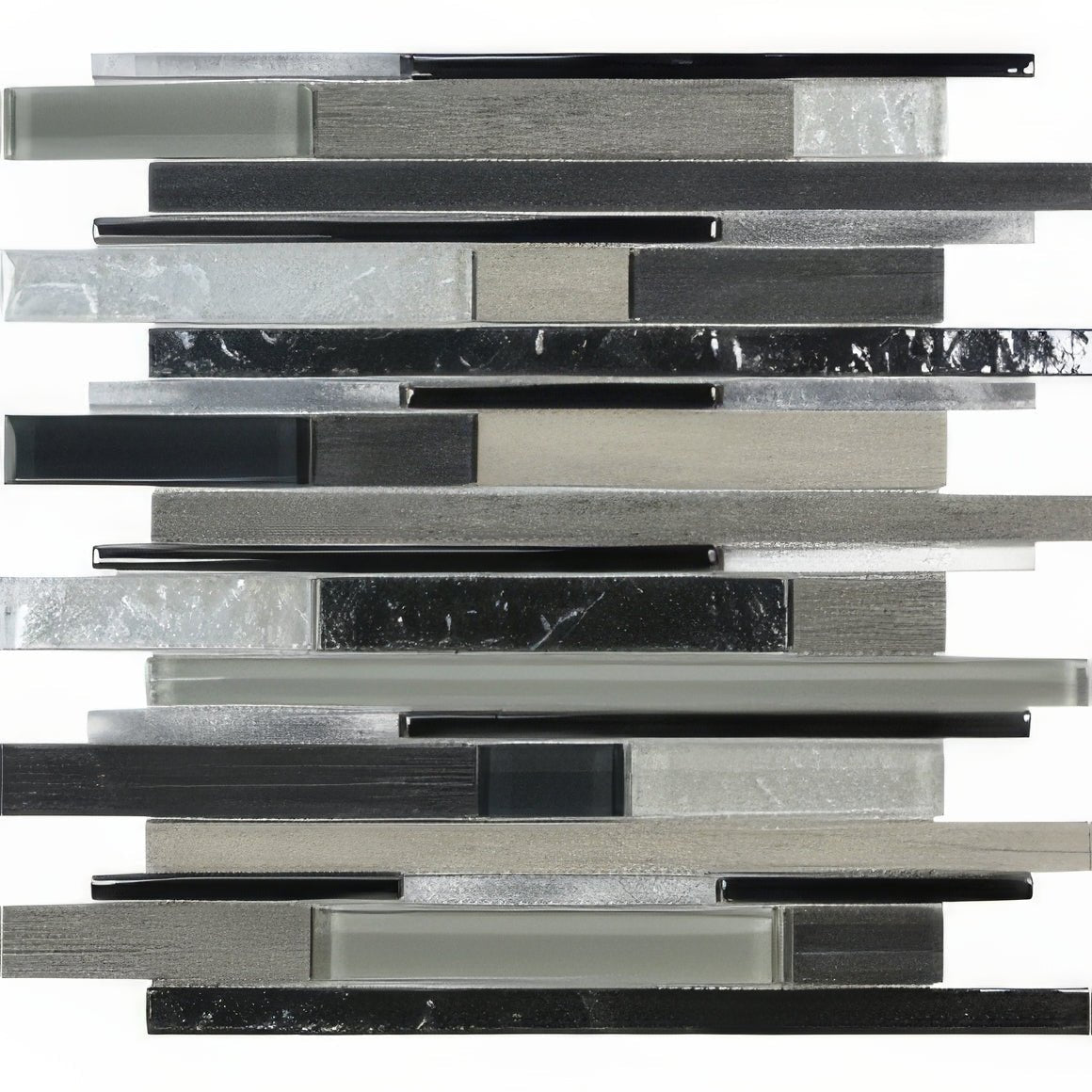 Modern metallic glass mosaic tile trip timber gris featuring sleek horizontal strips in black silver and gray shades