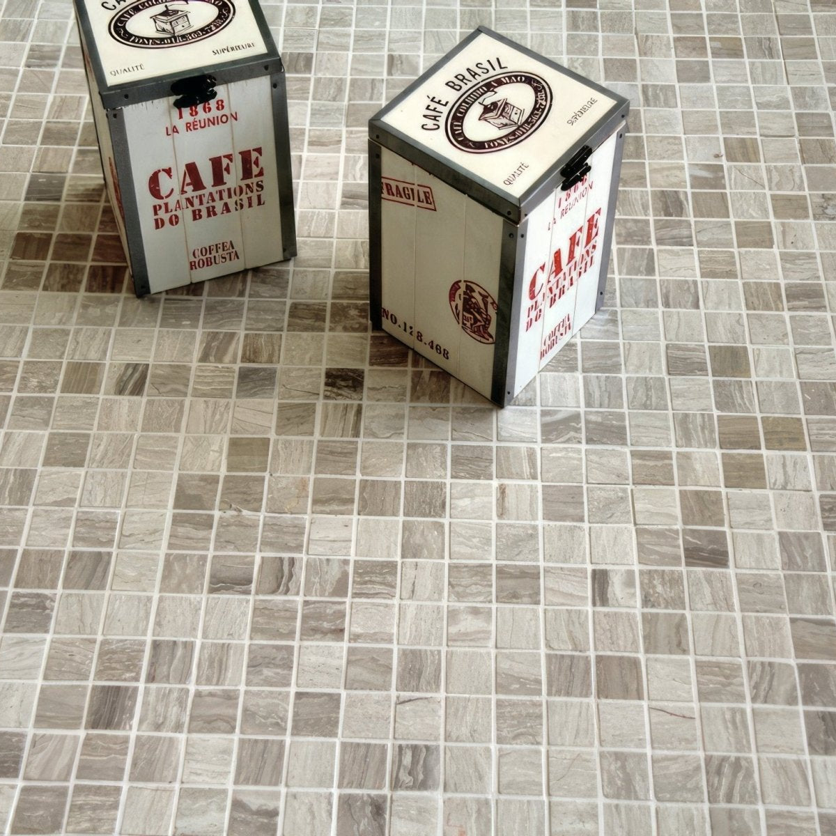 Trip Wooden Grey Mosaic grey and beige stone mosaic with vintage coffee crate boxes