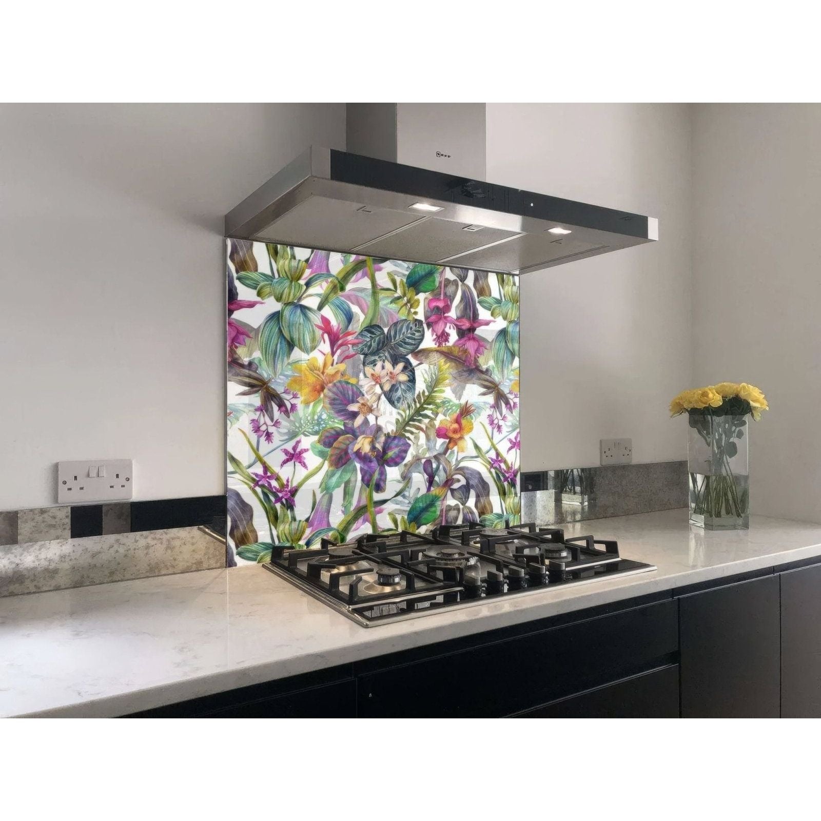 Tropical floral dream shower wall panel with vibrant glass backsplash featuring colorful irises hummingbirds and greenery
