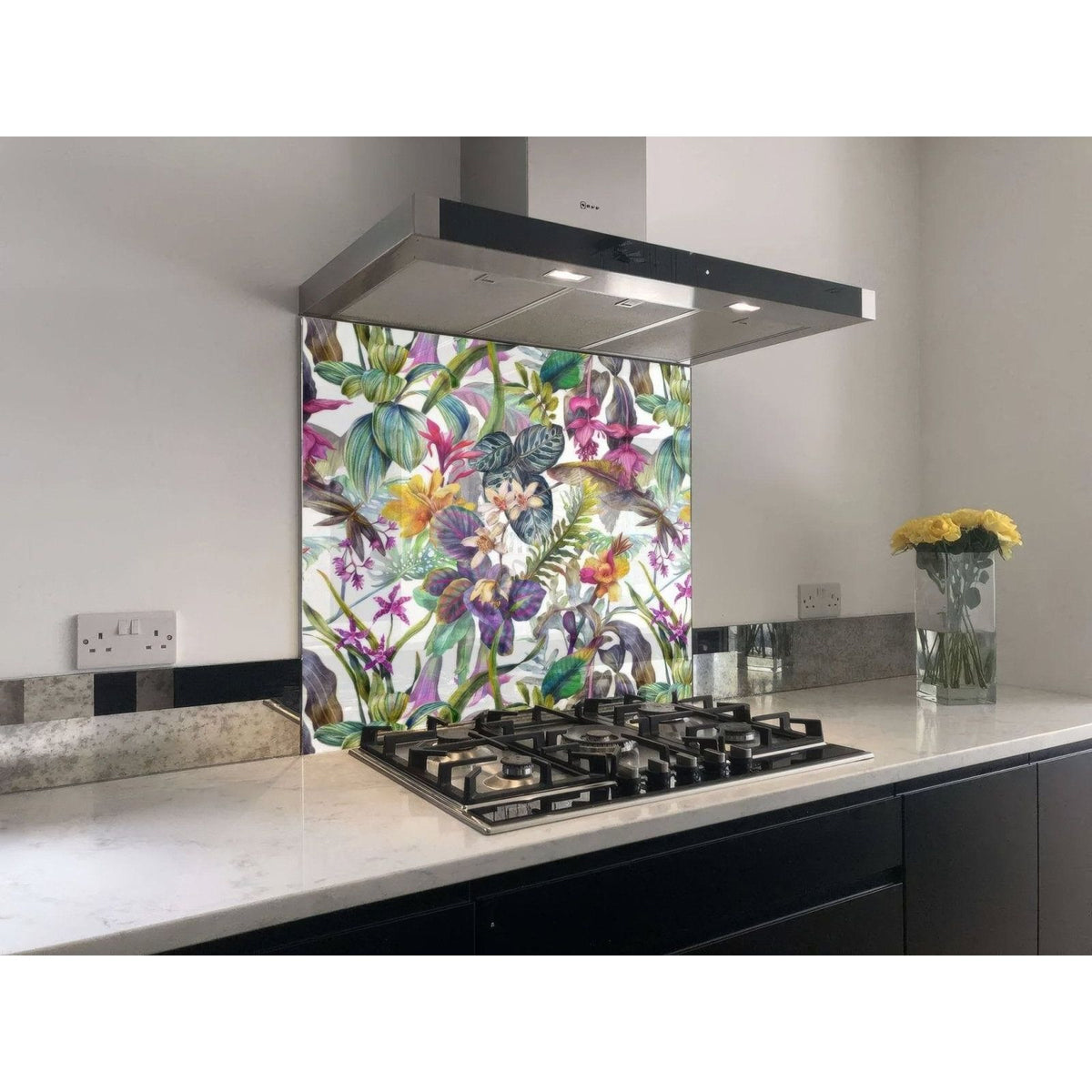 Tropical floral dream shower wall panel with vibrant glass backsplash featuring colorful irises hummingbirds and greenery