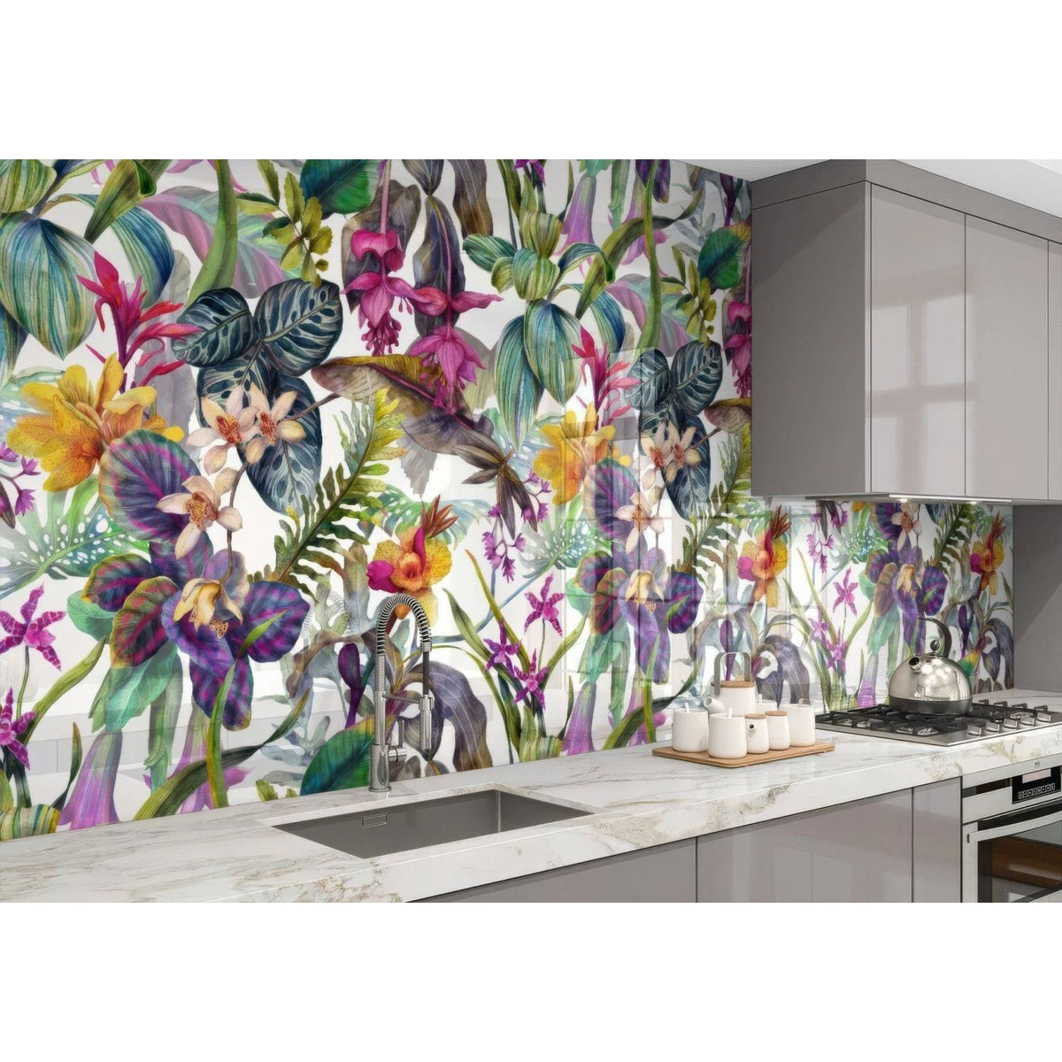 Tropical floral dream shower wall panel featuring a vibrant glass backsplash with irises orchids and hummingbirds in purple yellow and green