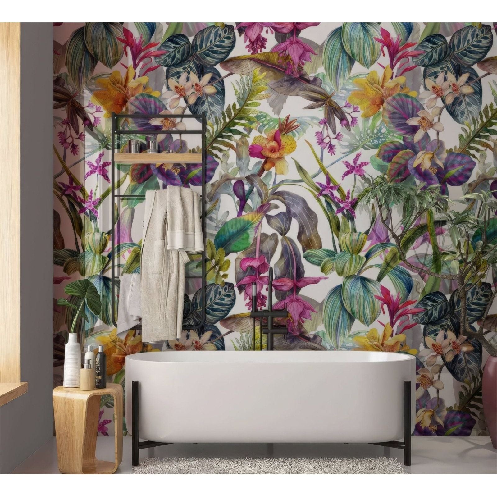 White freestanding bathtub with black metal legs paired with tropical floral dream shower wall panel design