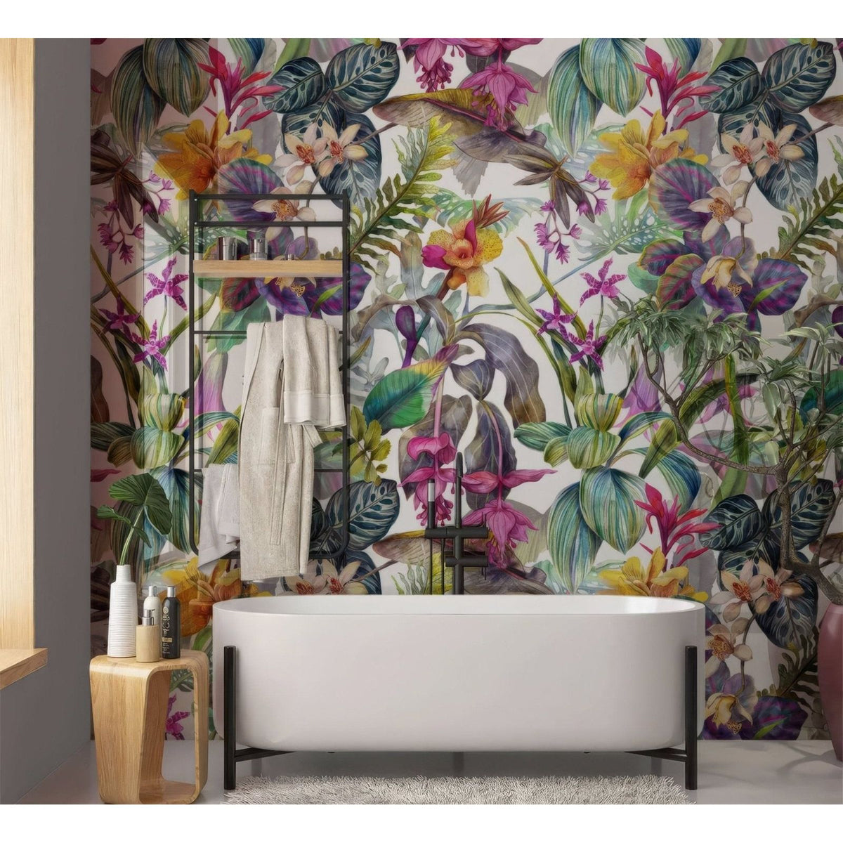 White freestanding bathtub with black metal legs paired with tropical floral dream shower wall panel design