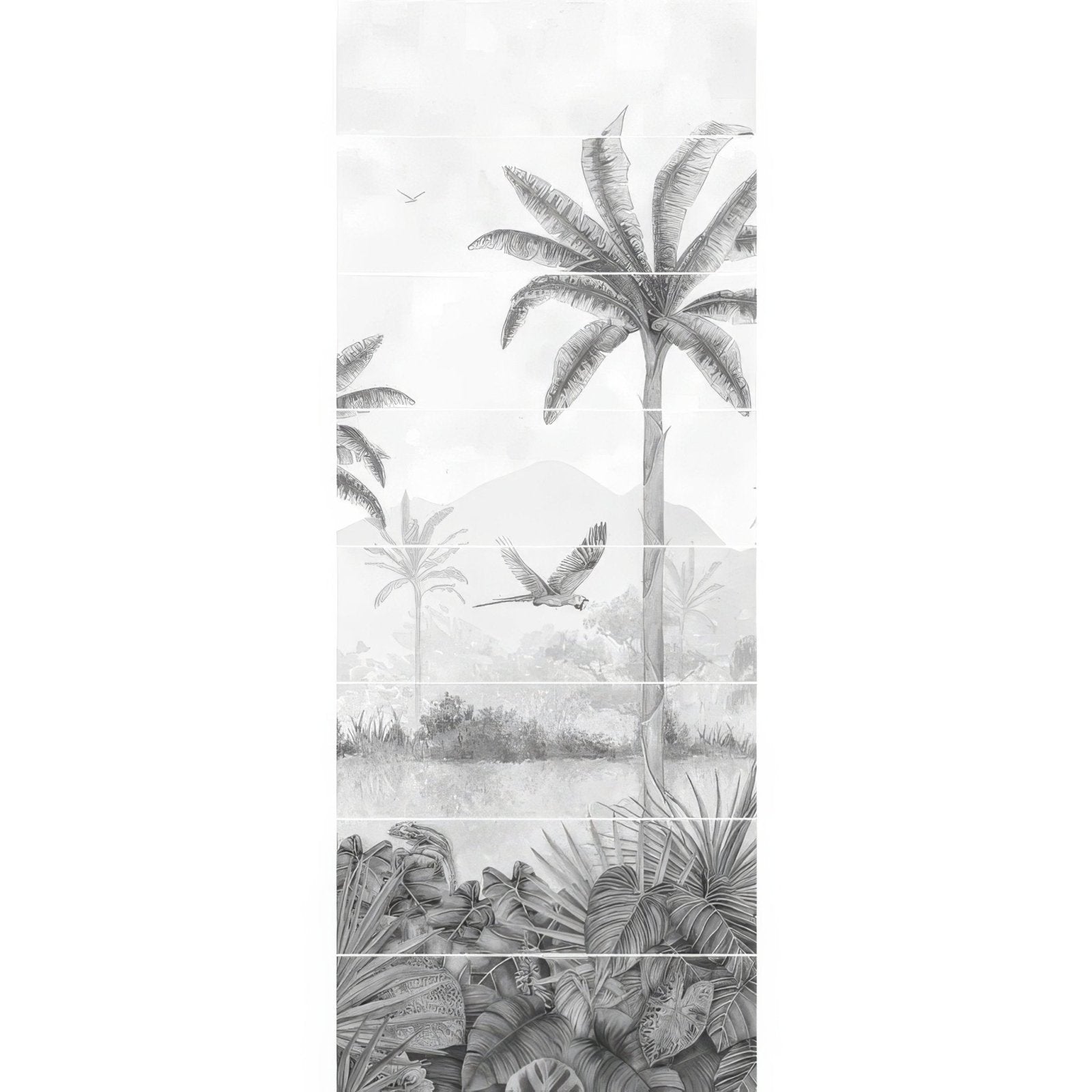 Monochrome tropical jungle mural decorative 8-tile set with palm trees parrot and dense foliage in shades of gray