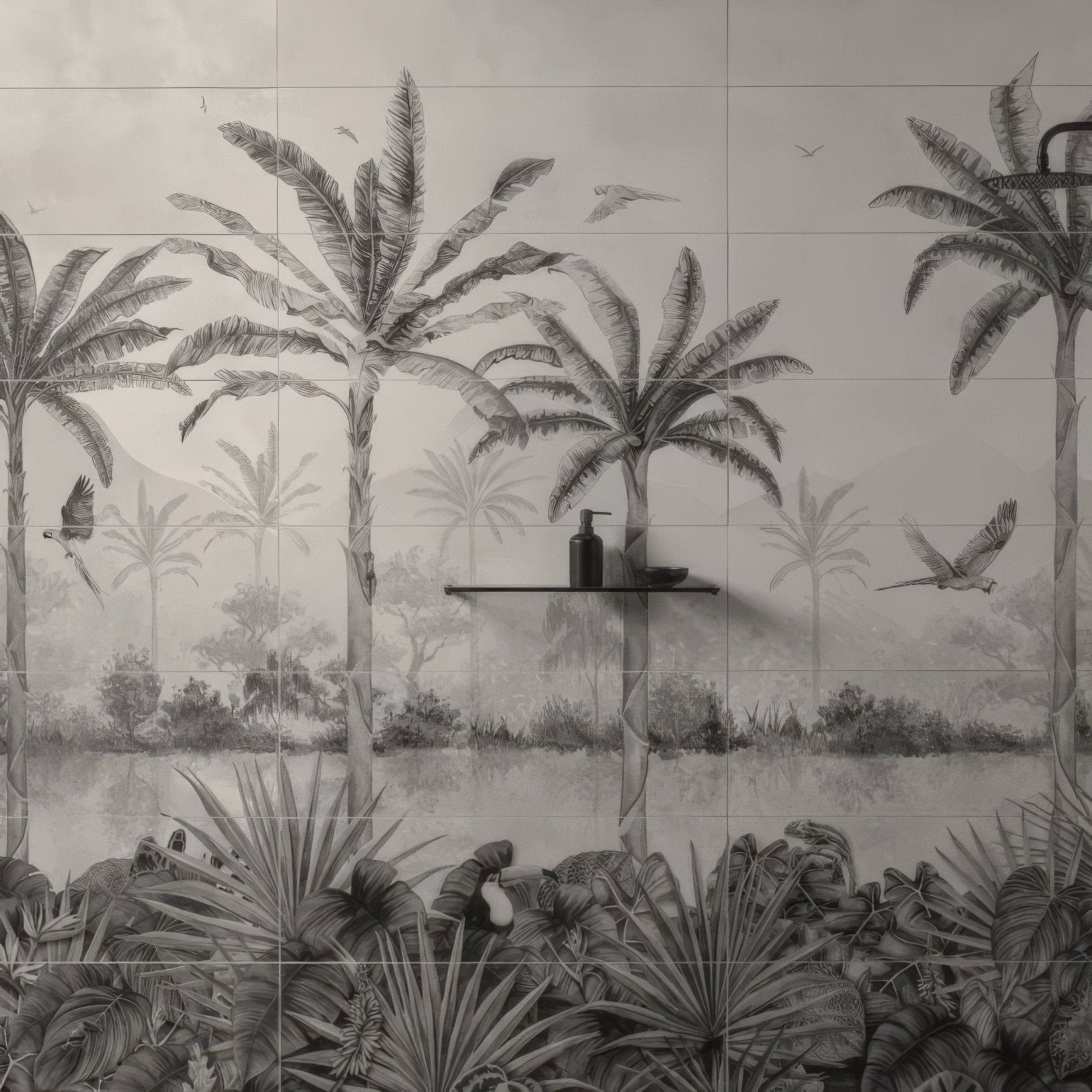 Tropical Oasis Monochrome Decorative 8-Tile Set Panel C – close-up detail