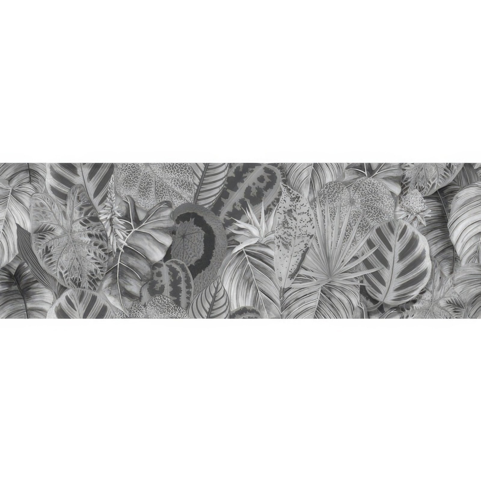 Black and white tropical leaf wallpaper tile featuring intricate monochrome patterns for stylish interior decor