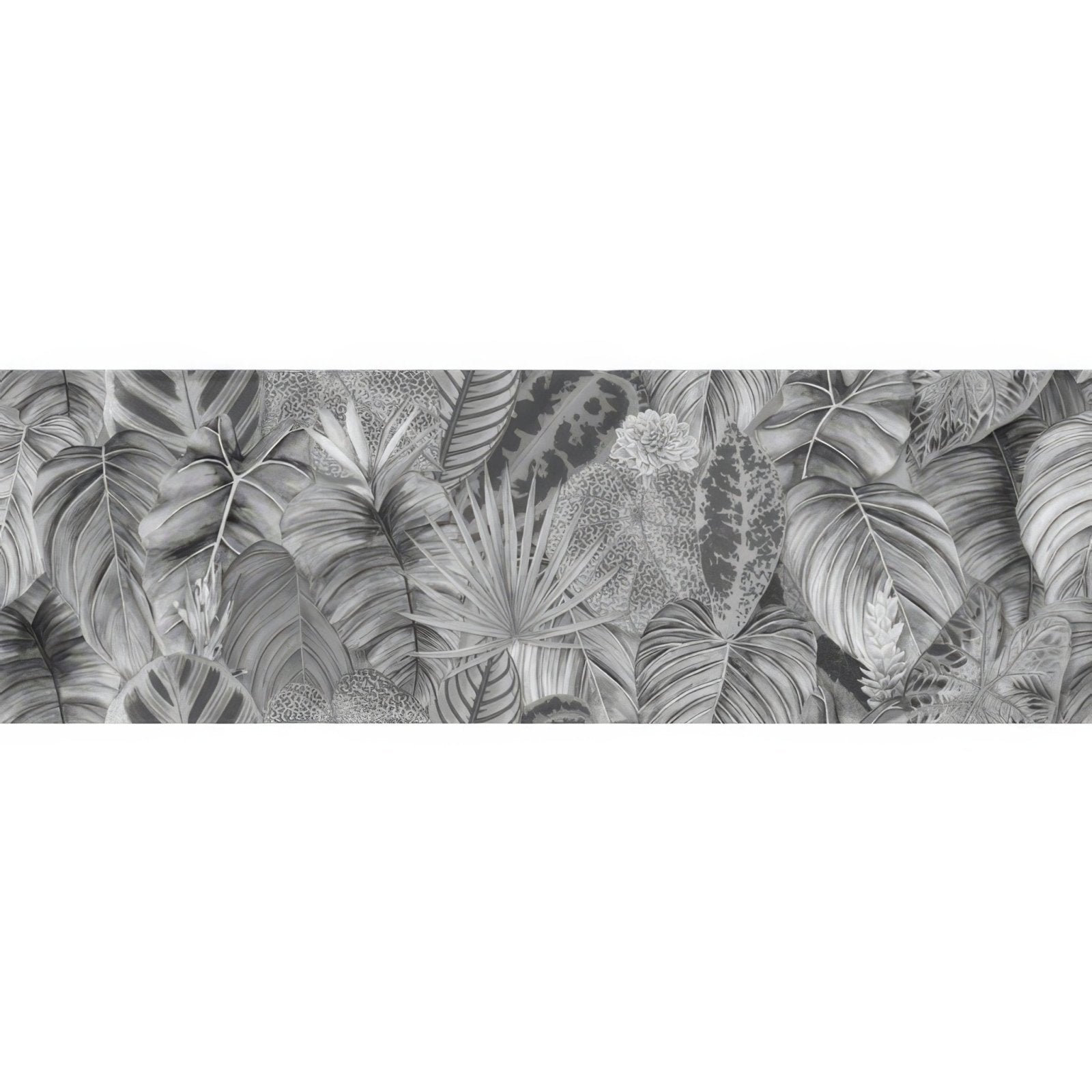 Gray tropical leaf wallpaper tile featuring intricate monochrome botanical patterns for stylish interior decor