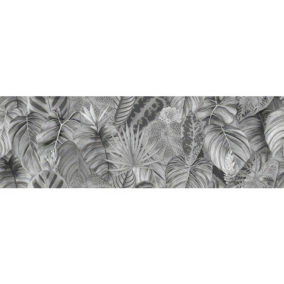 Gray tropical leaf wallpaper tile featuring intricate monochrome botanical patterns for stylish interior decor