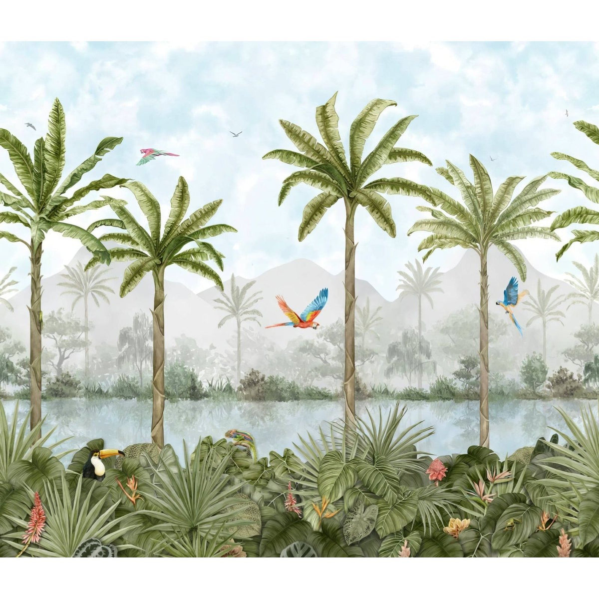 Tropical oasis decorative 8-tile set panel a with lush green palm trees vibrant parrots and a misty river under blue sky