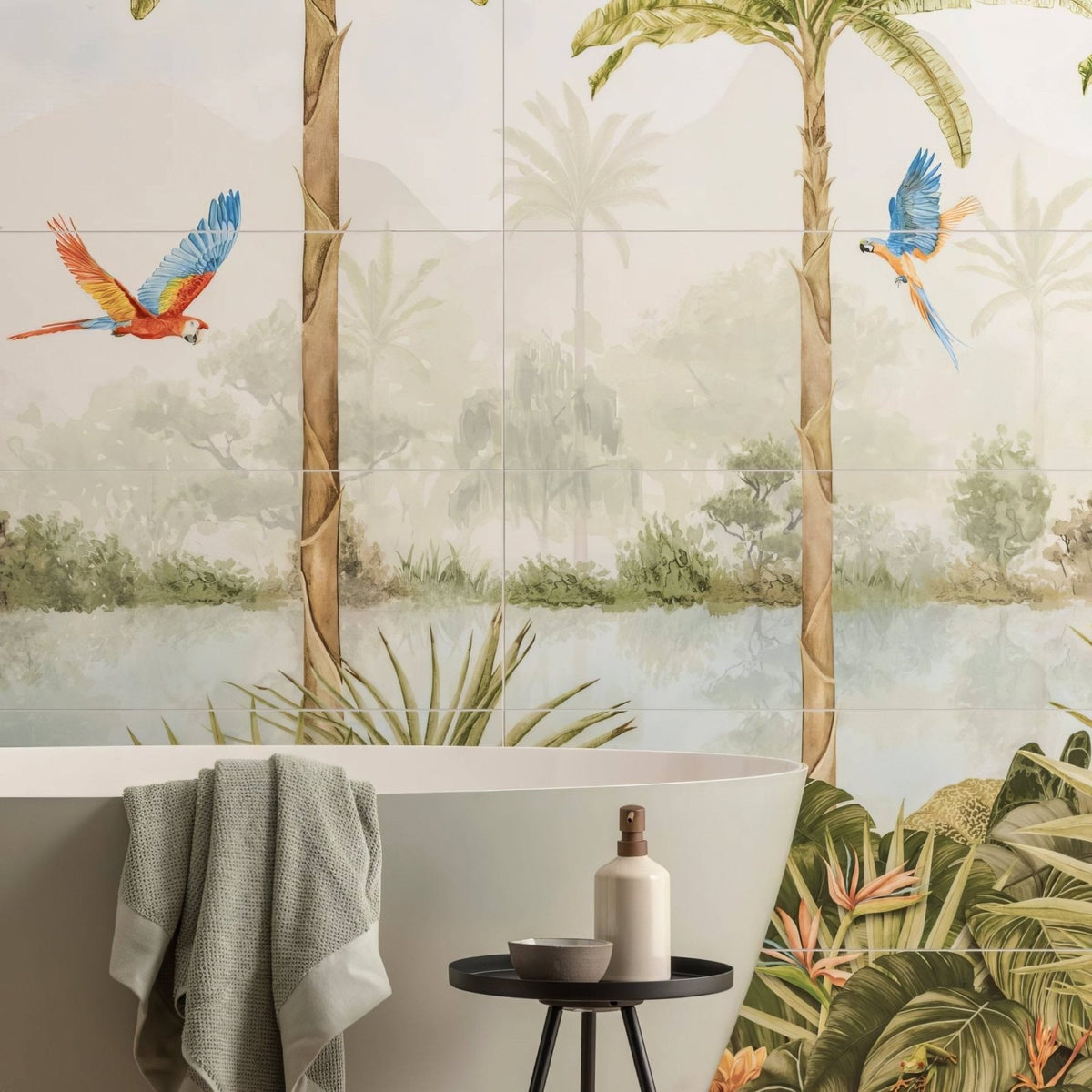 Tropical oasis decorative 8-tile set panel a featuring tropical jungle-themed ceramic wall tiles with vibrant parrots and soft watercolor foliage